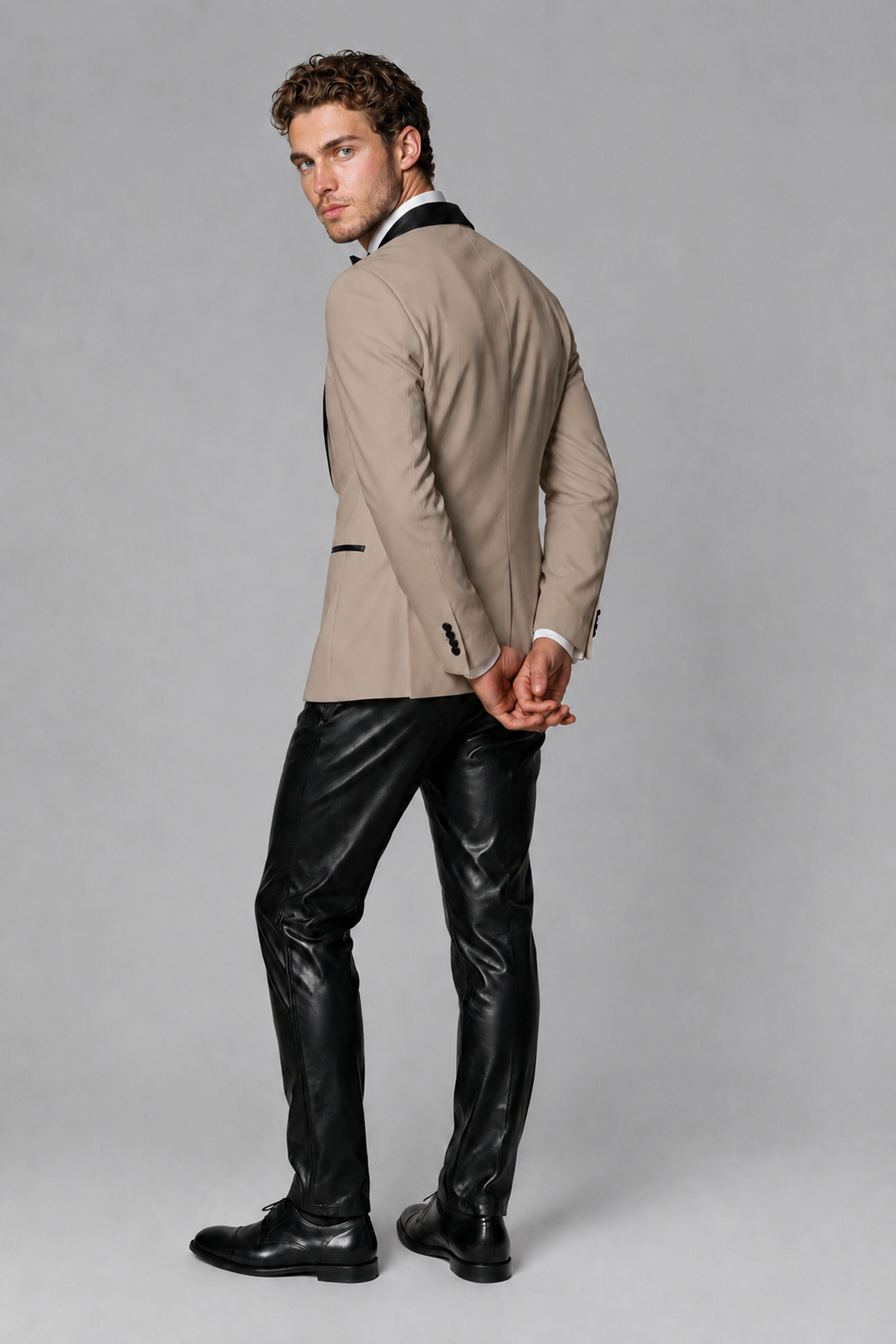 BOLODOO Men's Taupe Tuxedo Blazer | Black Shawl Lapel Single-Breasted Formal Jacket - Taupe - Taupe (3)