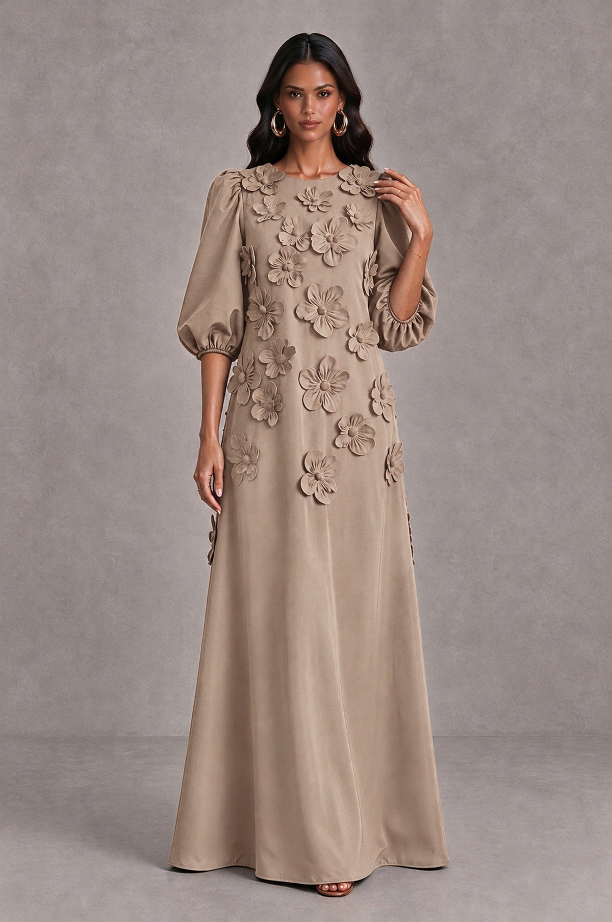 BOLODOO Taupe Floral Applique Puff Sleeve A-Line Evening Dress - Taupe - Taupe (3)