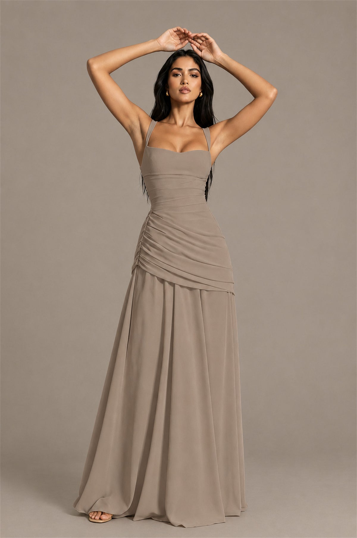 BOLODOO Square Neck Ruched A-Line Maxi Dress - Taupe Backless Evening Gown - Taupe