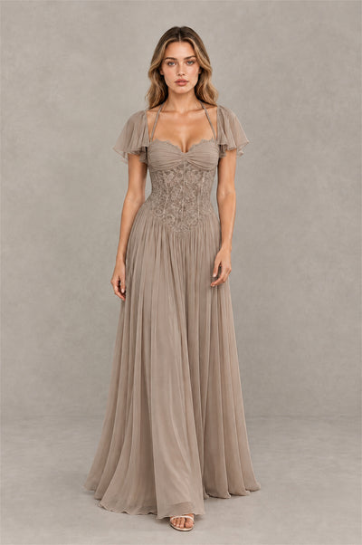 BOLODOO Taupe Flutter Sleeve Lace Corset A-Line Maxi Dress - Taupe - Taupe (3)