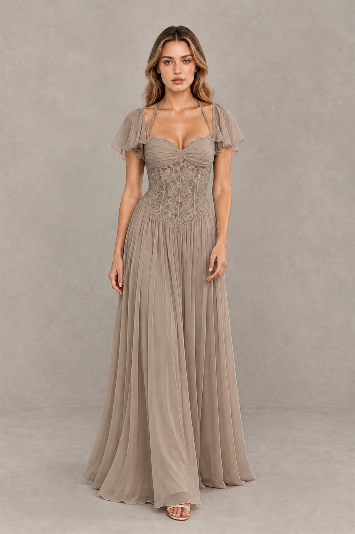 BOLODOO Taupe Flutter Sleeve Lace Corset A-Line Maxi Dress - Taupe - Taupe (3)