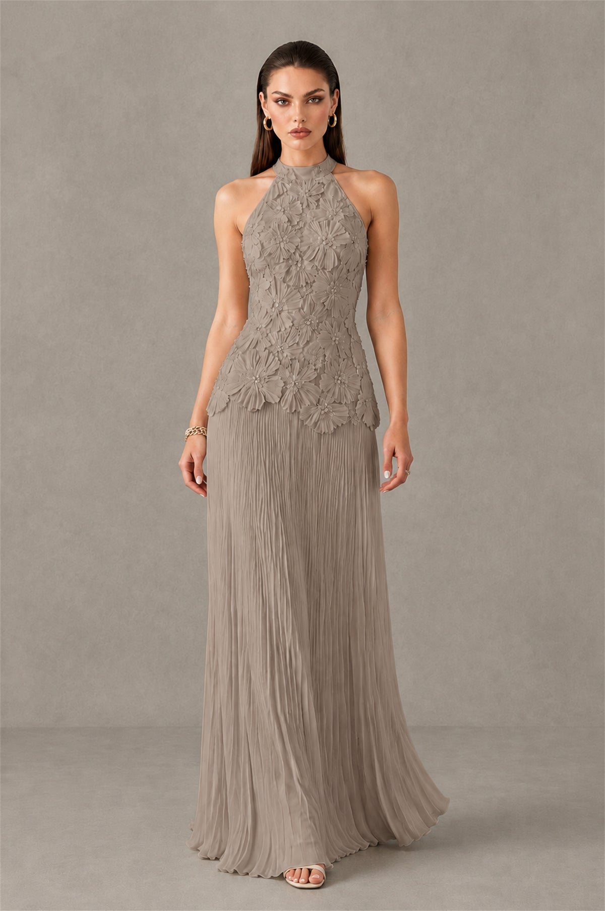 BOLODOO Taupe 3D Floral Applique Halter Neck Open Back Pleated Maxi Dress - Taupe