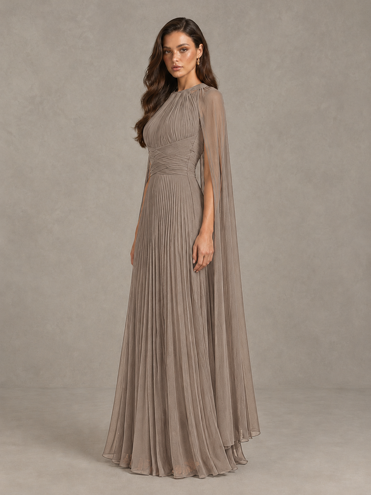BOLODOO Taupe Pleated Cape Maxi Wedding Guest Dress - Taupe - Taupe (3)