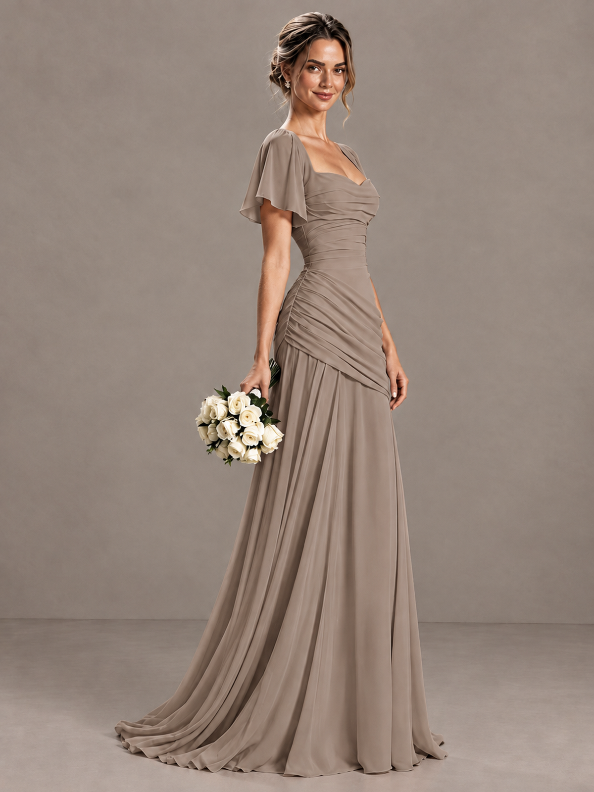 BOLODOO Taupe Flutter Sleeve Lace-Up Back Maxi Dress - Taupe - Taupe (3)