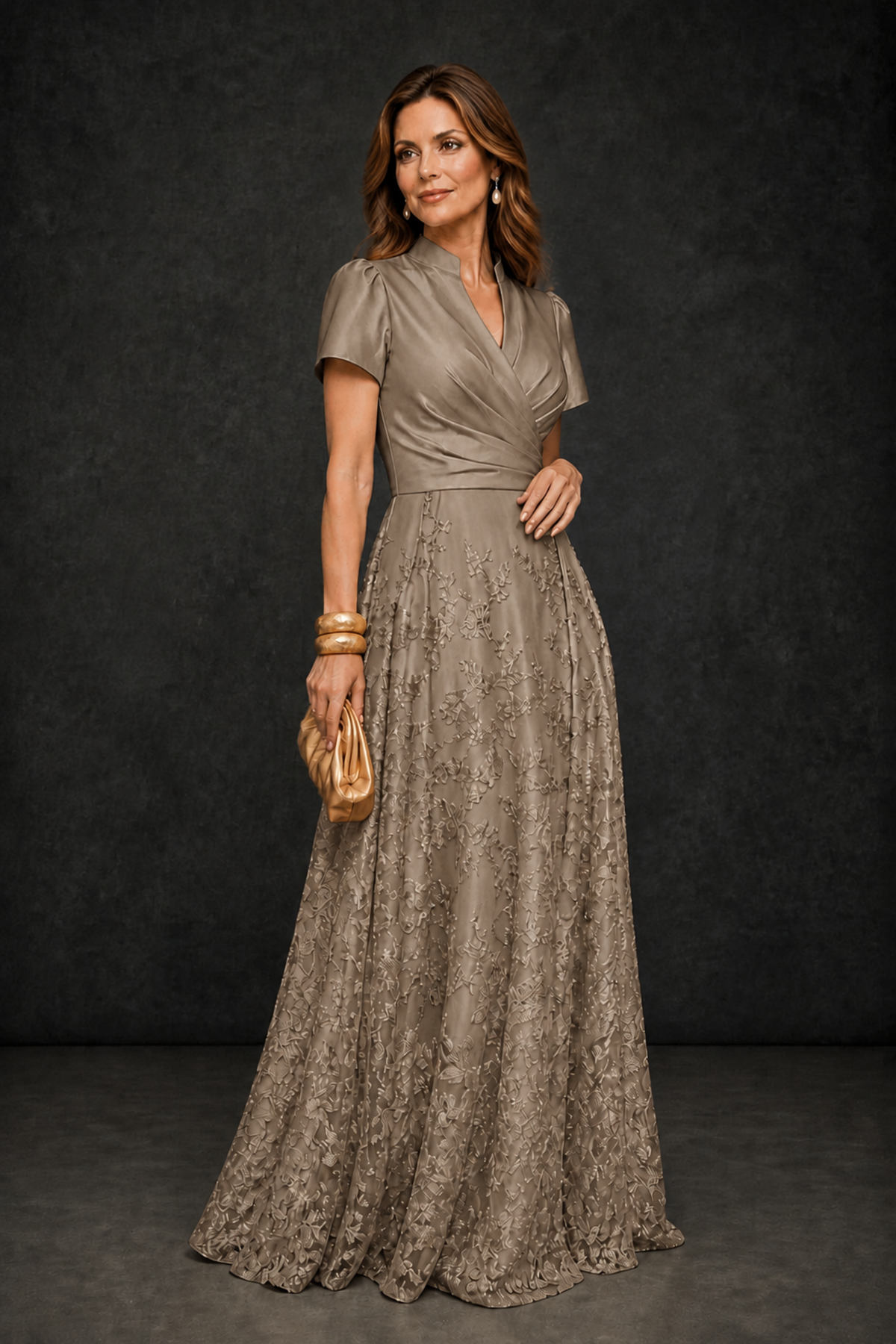 BOLODOO Taupe Satin Wrap V-Neck Short Sleeve Lace Glitter A-Line Floor Length Evening Gown – Formal Dress - Taupe - Taupe (3)