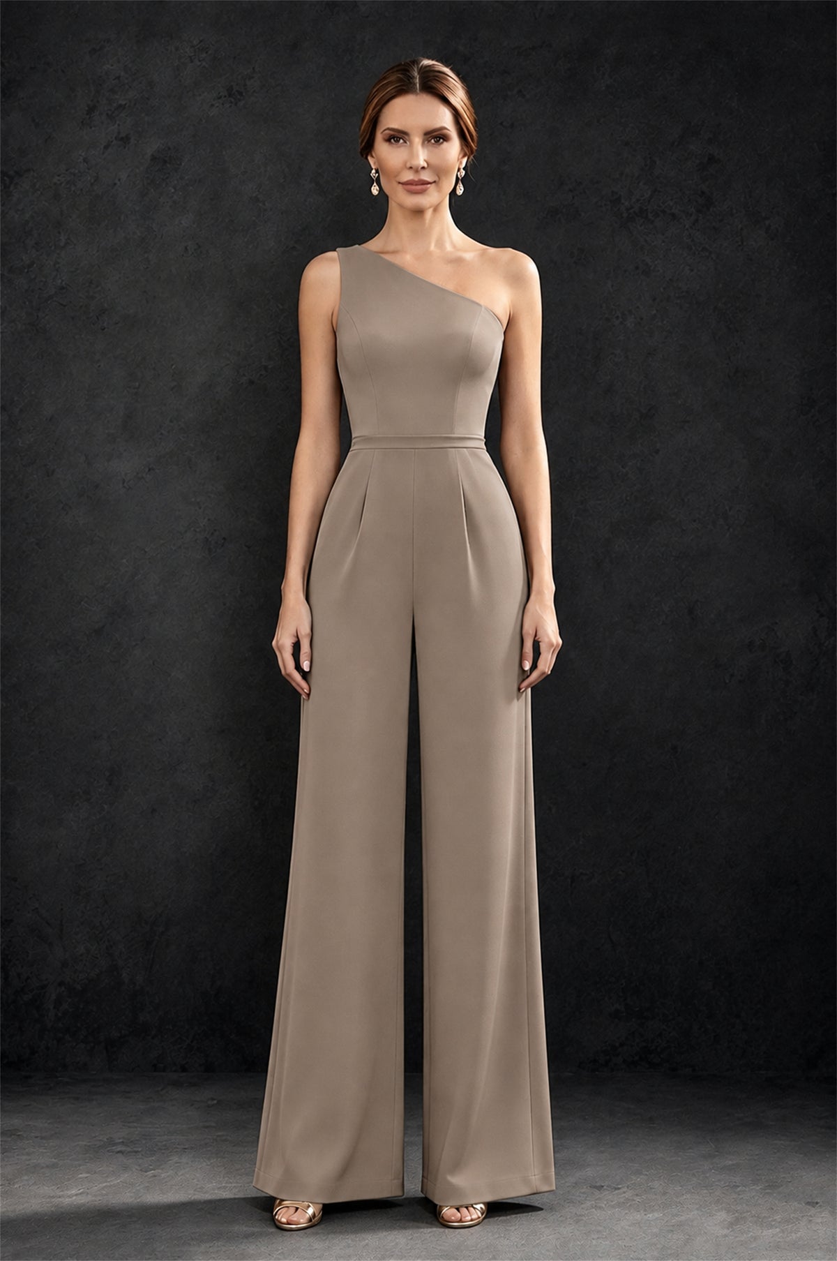 BOLODOO Taupe 2-Piece Set: Off-Shoulder 3D Floral Cape Gown & One-Shoulder Wide-Leg Jumpsuit | BD0373 - Taupe