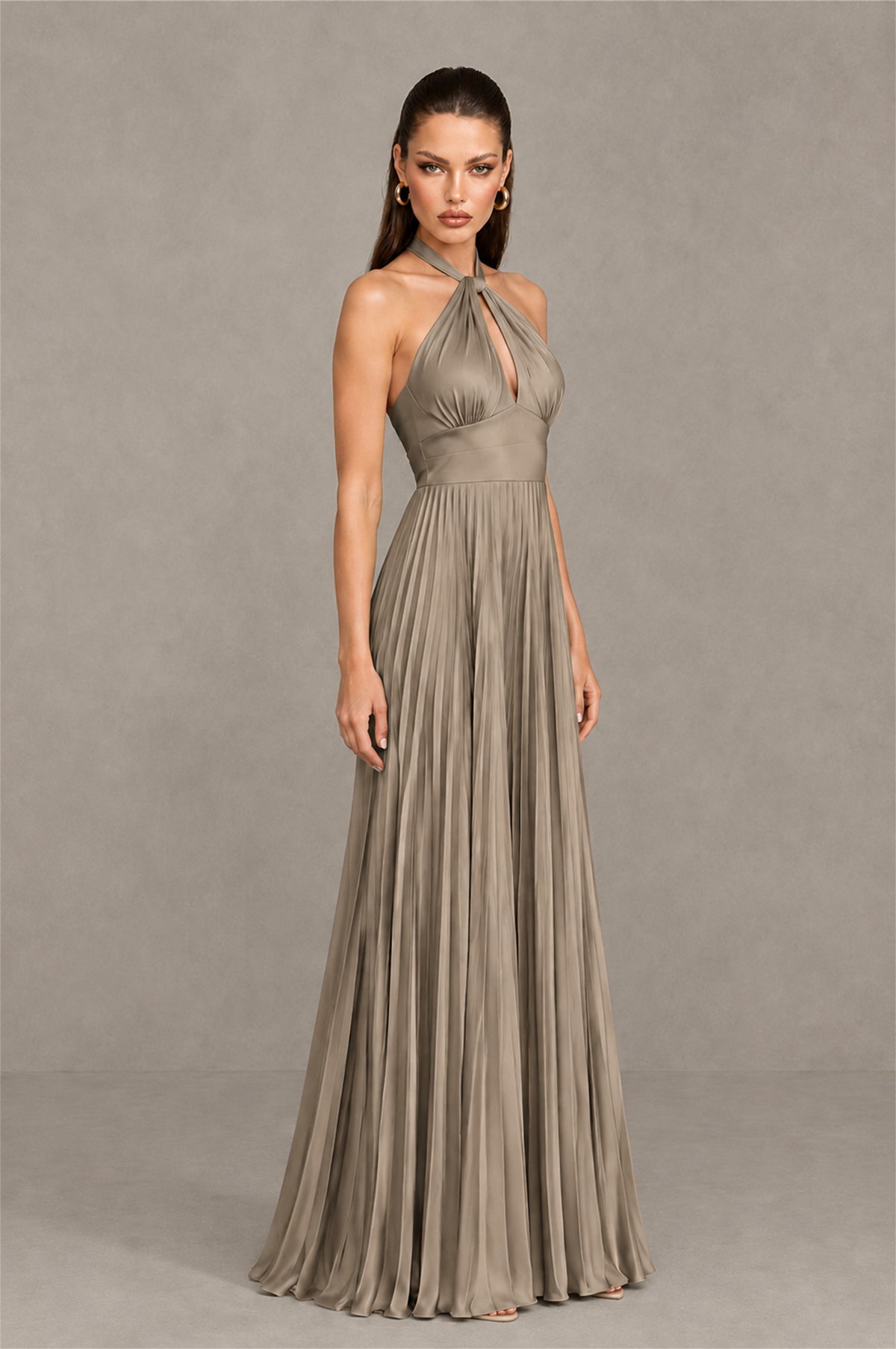 BOLODOO Taupe Halter Pleated A-Line Evening Dress - Taupe - Taupe (3)