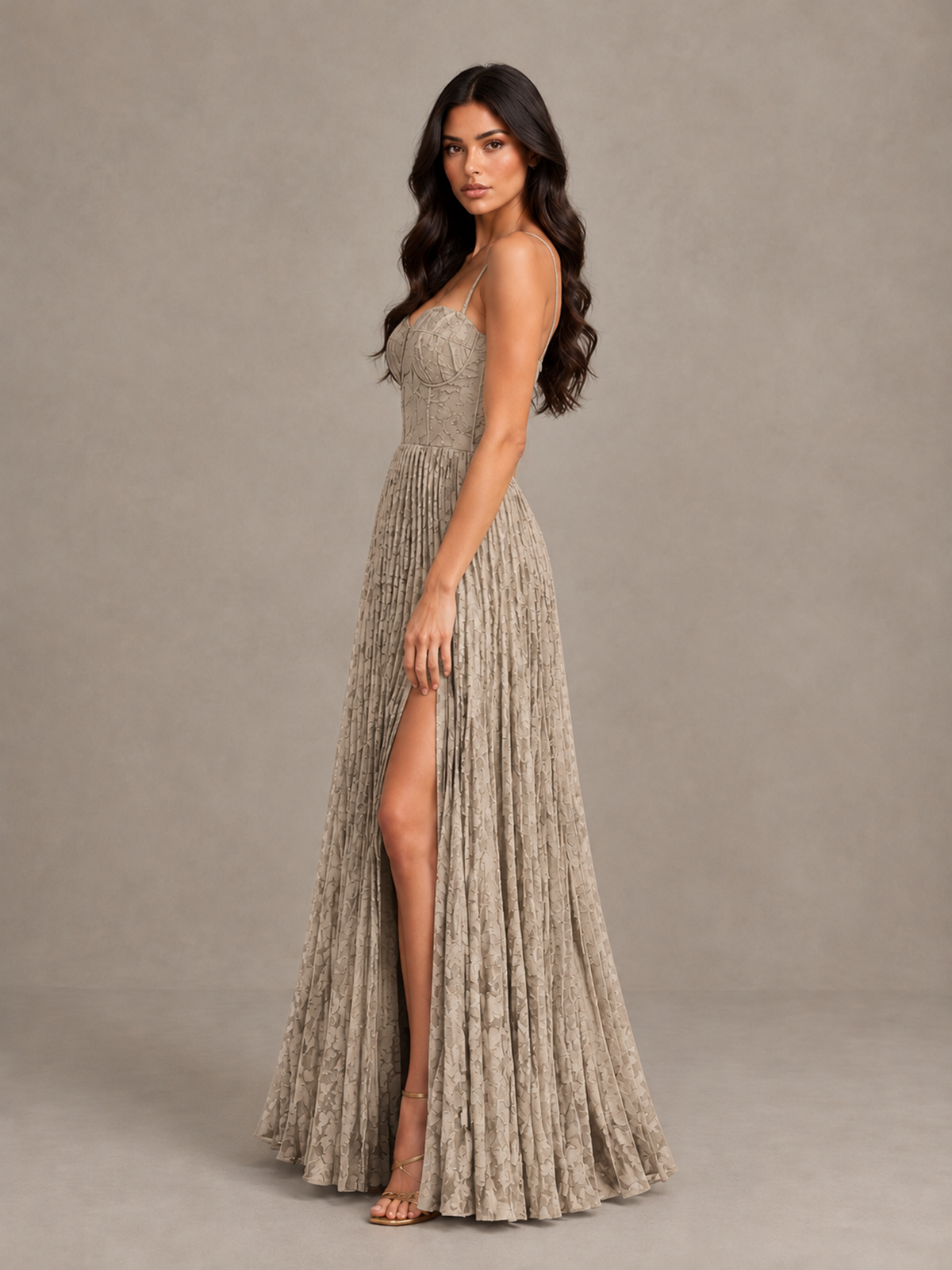 BOLODOO Taupe Pleated Bridesmaid Dress with Sweetheart Neckline & Slit - Taupe - Taupe (3)