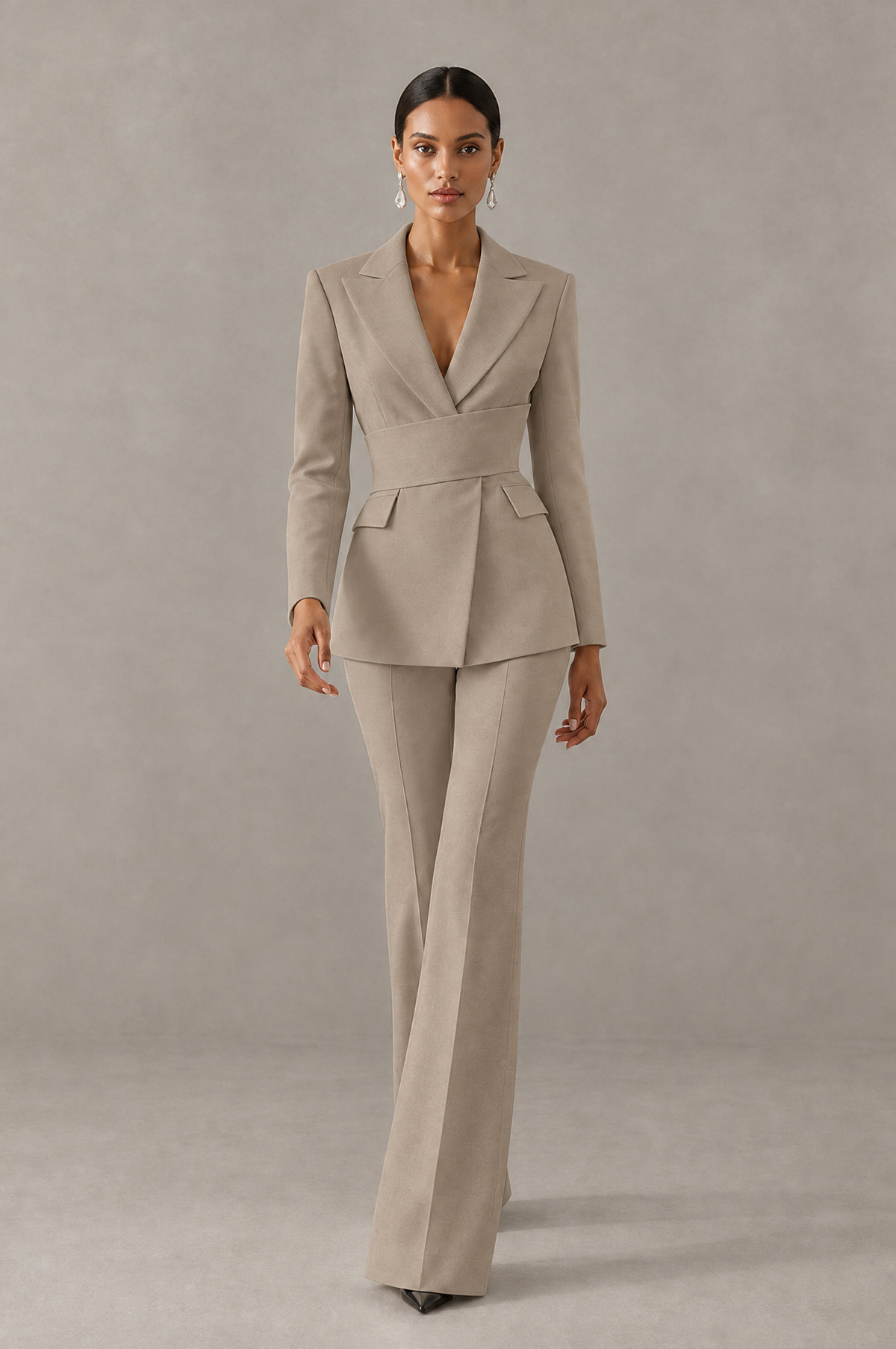 BOLODOO Taupe Two-Piece Pantsuit with Tailored Blazer & Flared Pants - Taupe - Taupe (3)