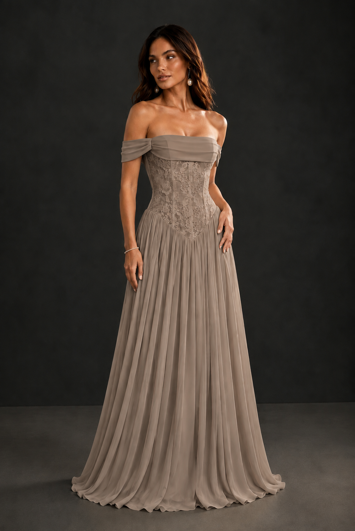 BOLODOO Taupe Off-Shoulder Lace Corset Tulle Maxi Dress - Taupe