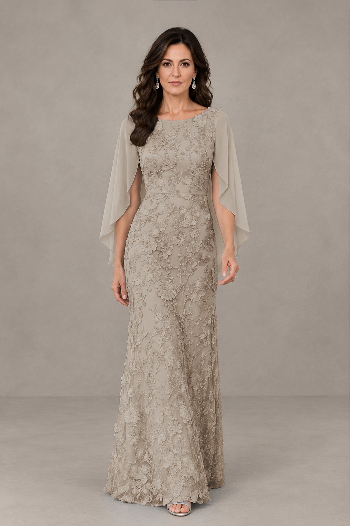 BOLODOO Taupe Lace Mother of the Bride Dress with Cape Sleeves - Taupe