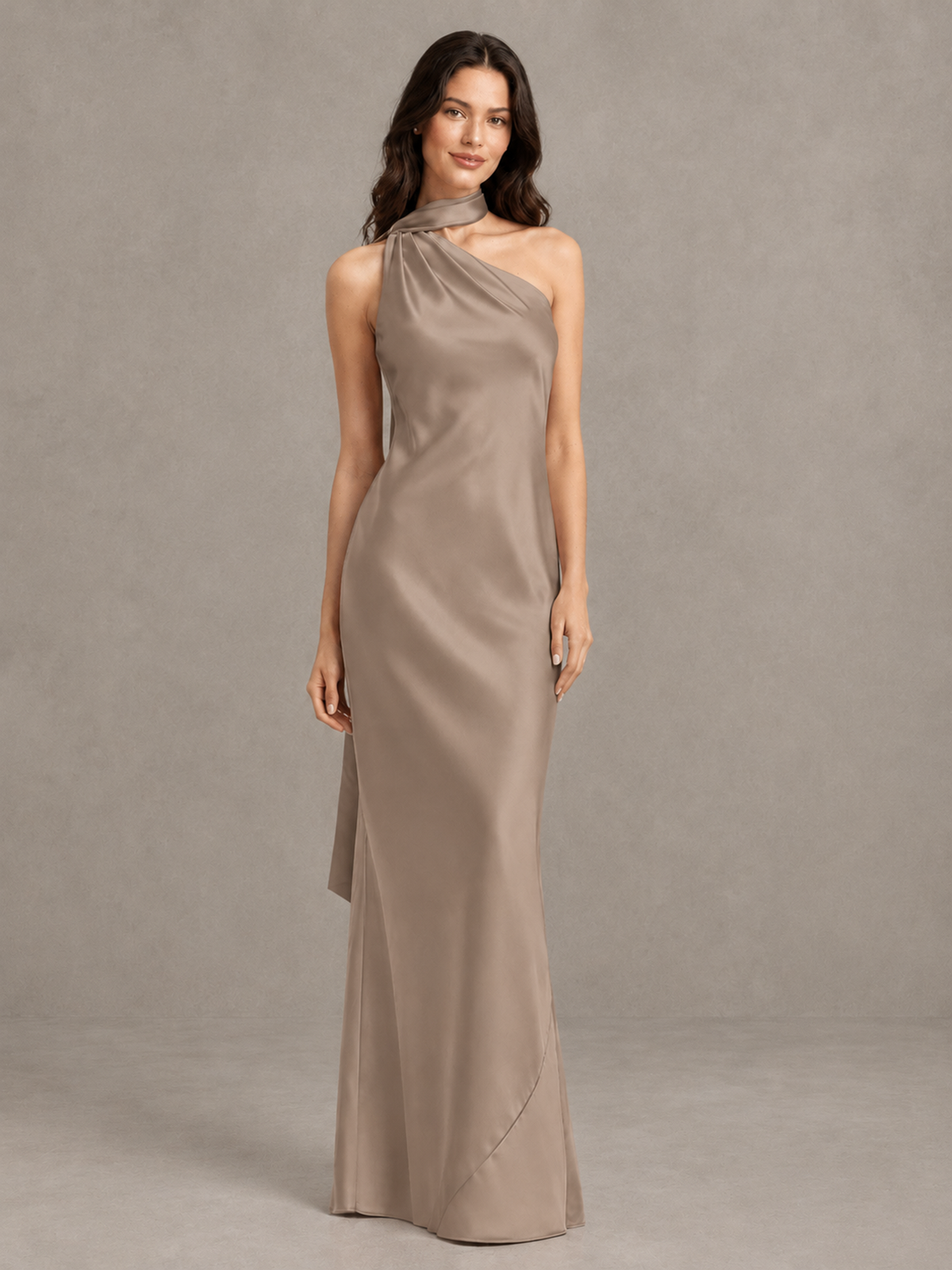 BOLODOO Taupe Satin One-Shoulder Bridesmaid Dress with Open Back - Taupe - Taupe (4)