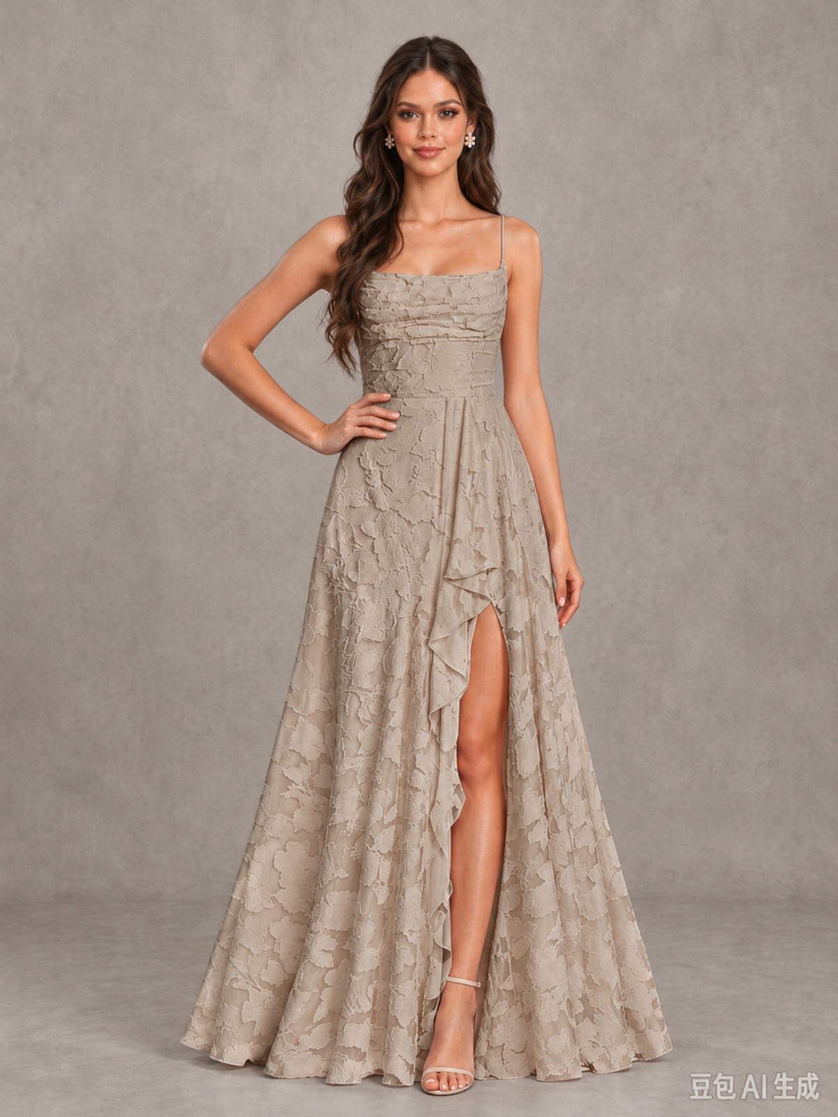 BOLODOO Taupe Floral Appliqué Slit Maxi Dress - Taupe - Taupe (4)