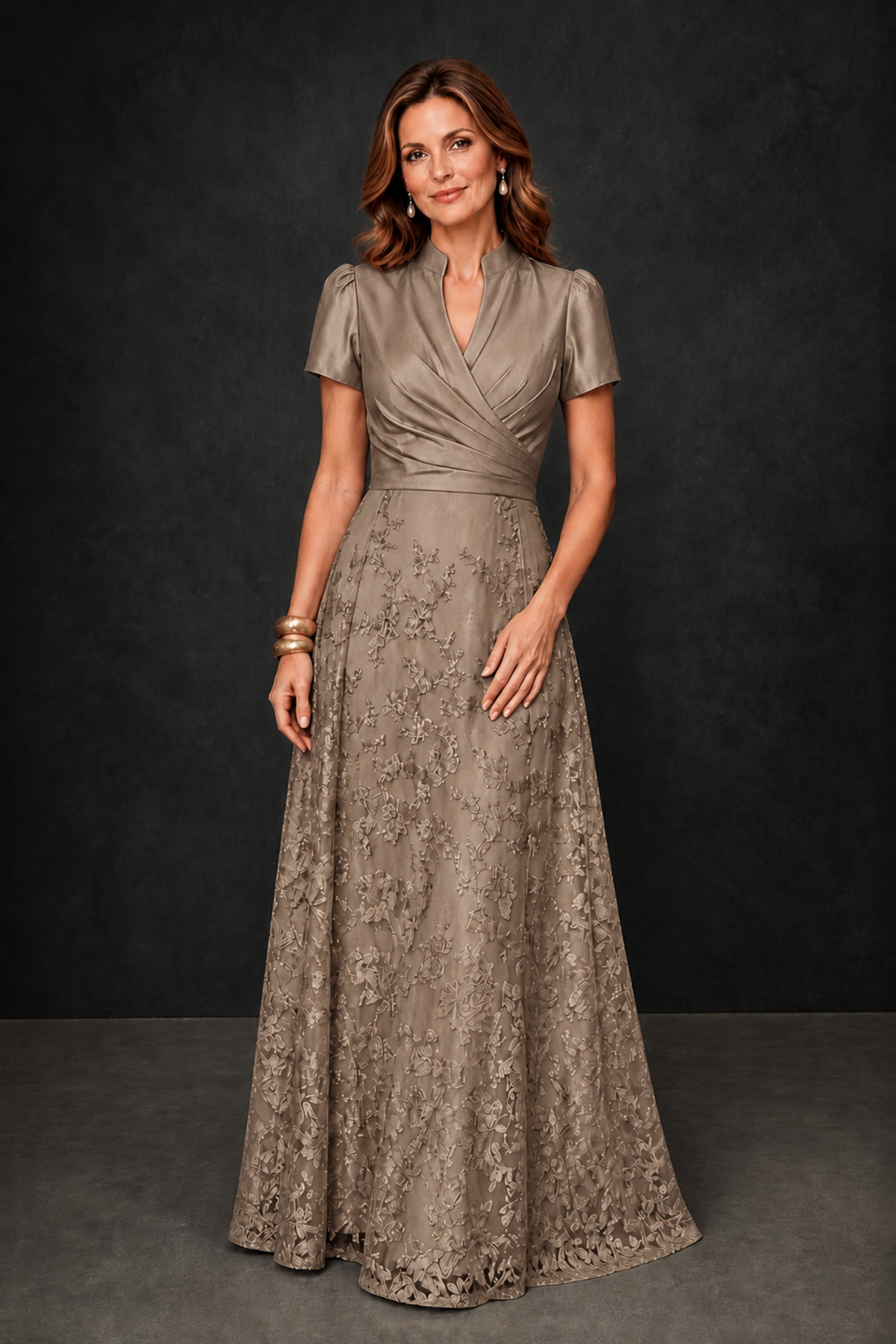 BOLODOO Taupe Satin Wrap V-Neck Short Sleeve Lace Glitter A-Line Floor Length Evening Gown – Formal Dress - Taupe - Taupe (4)