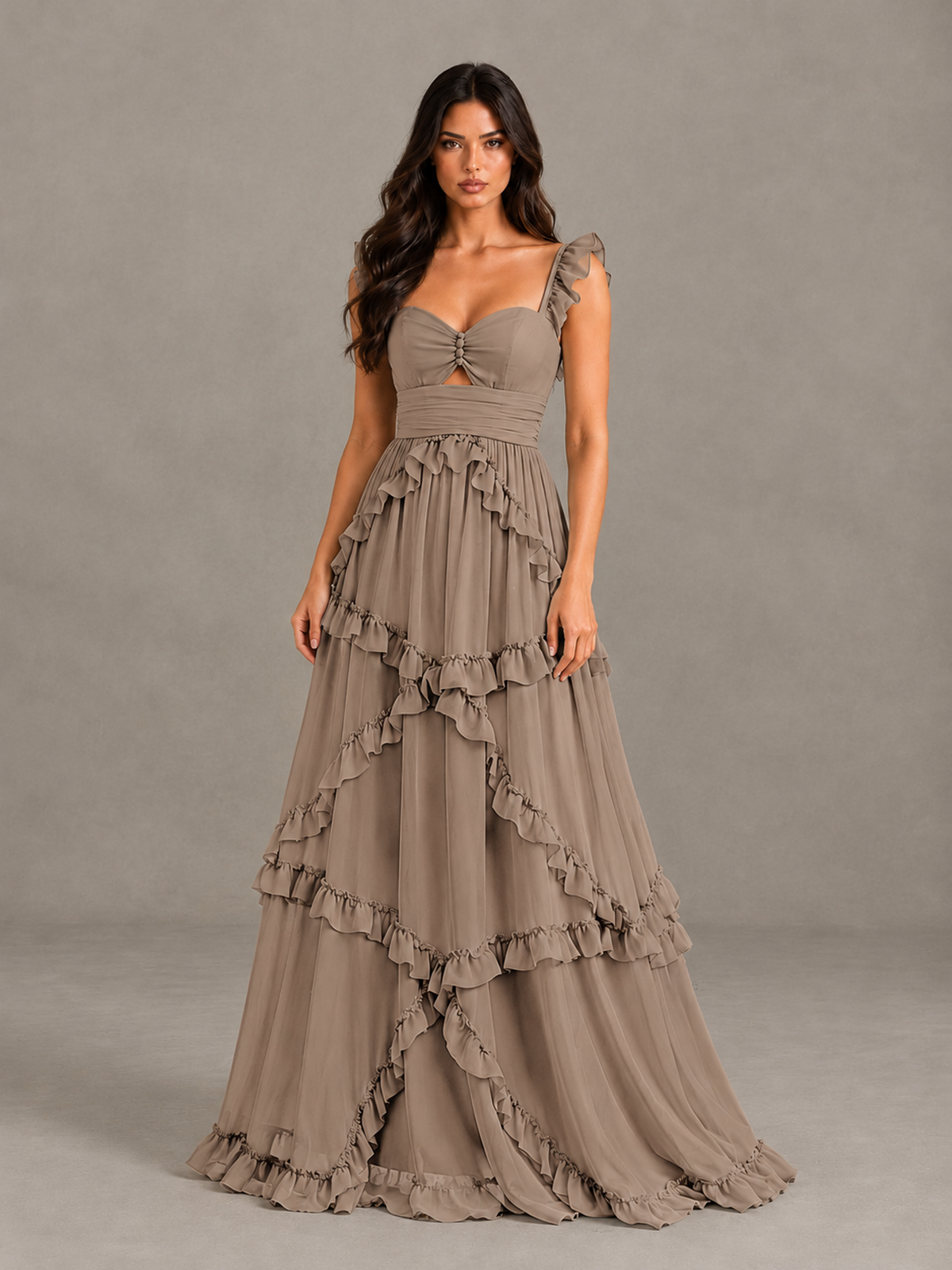 BOLODOO Taupe Ruffle A-Line Prom Dress with Open Back - Taupe - Taupe (4)