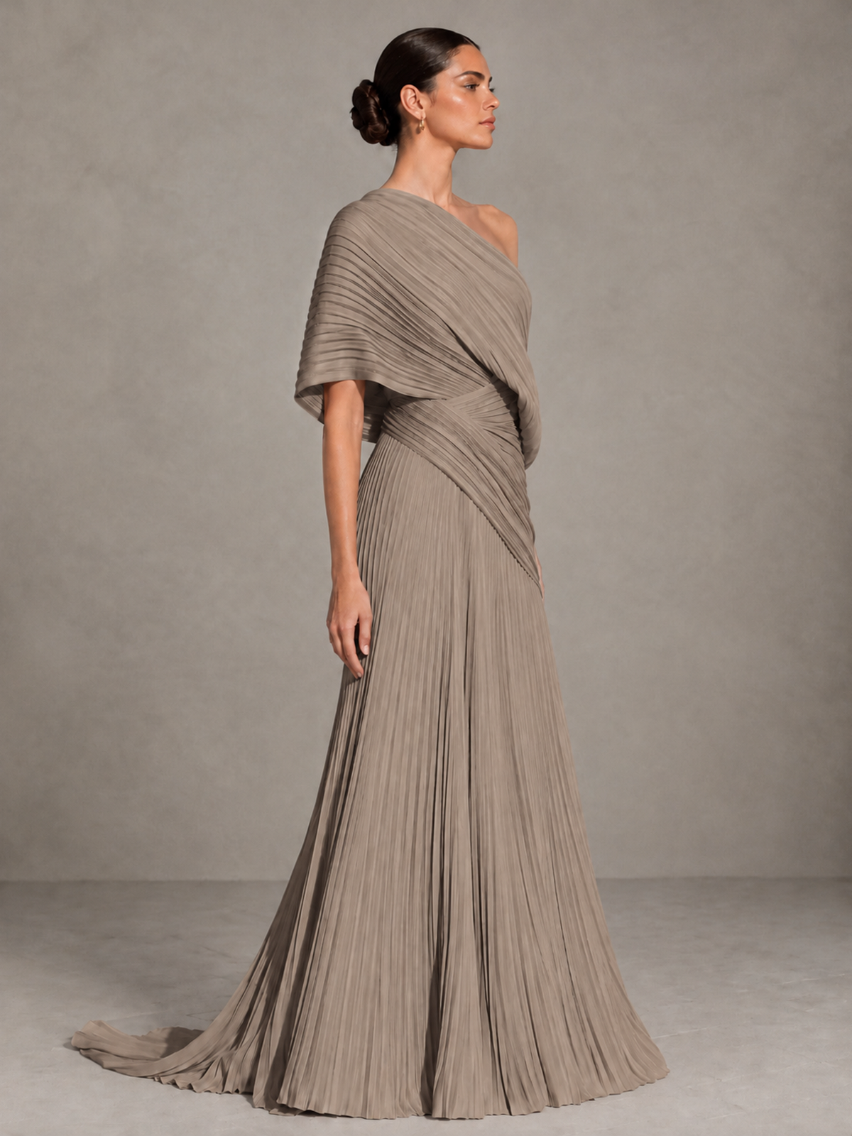 BOLODOO Taupe One-Shoulder Pleated Cape Evening Gown with Train - Taupe - Taupe (4)