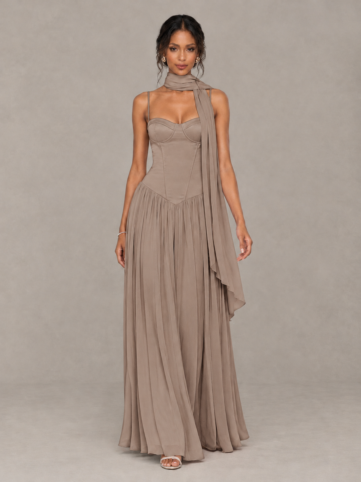 BOLODOO Taupe Corset Bridesmaid Dress with Scarf - Taupe - Taupe (4)