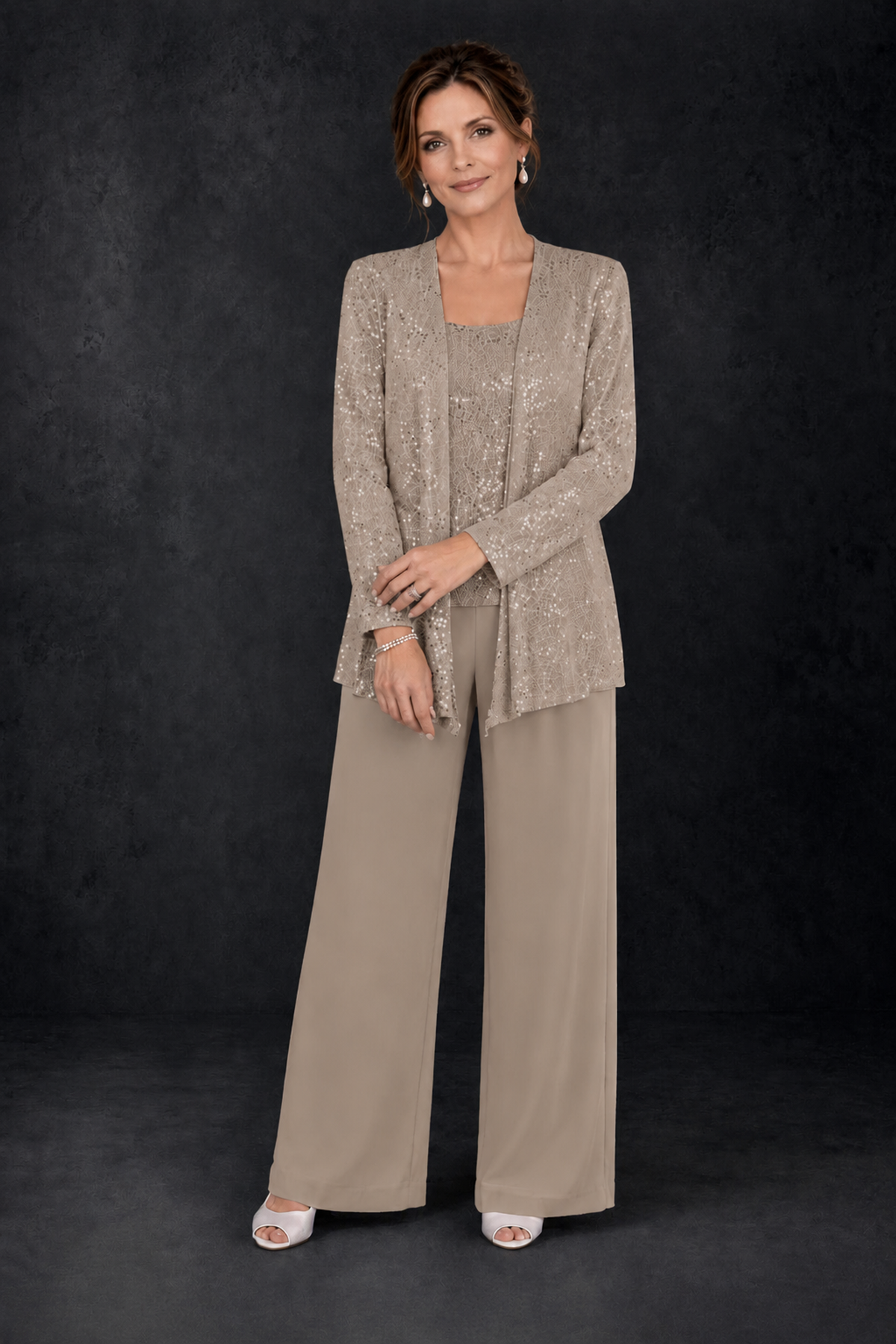 BOLODOO Taupe Sequin Lace 3-Piece Pant Suit with Long Sleeve Jacket - Taupe - Taupe (4)