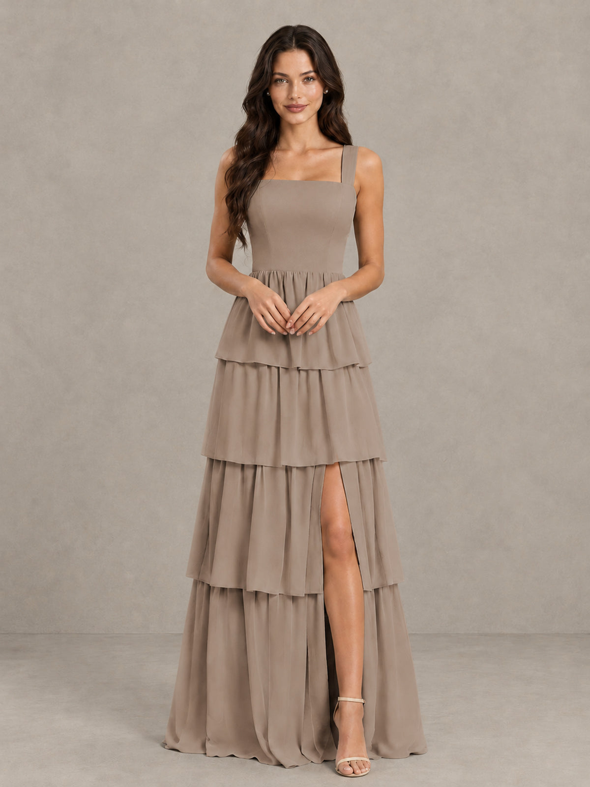 BOLODOO Taupe Square Neck Tiered Bridesmaid Dress with Slit - Taupe - Taupe (4)