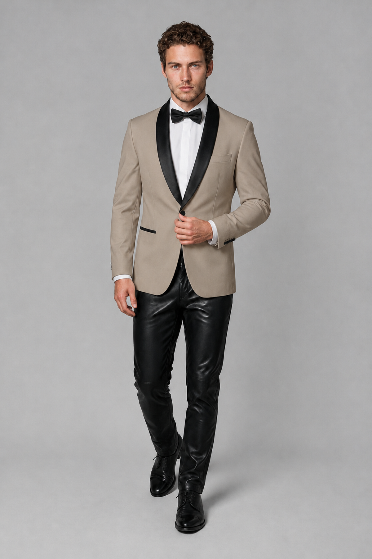 BOLODOO Men's Taupe Tuxedo Blazer | Black Shawl Lapel Single-Breasted Formal Jacket - Taupe - Taupe (4)