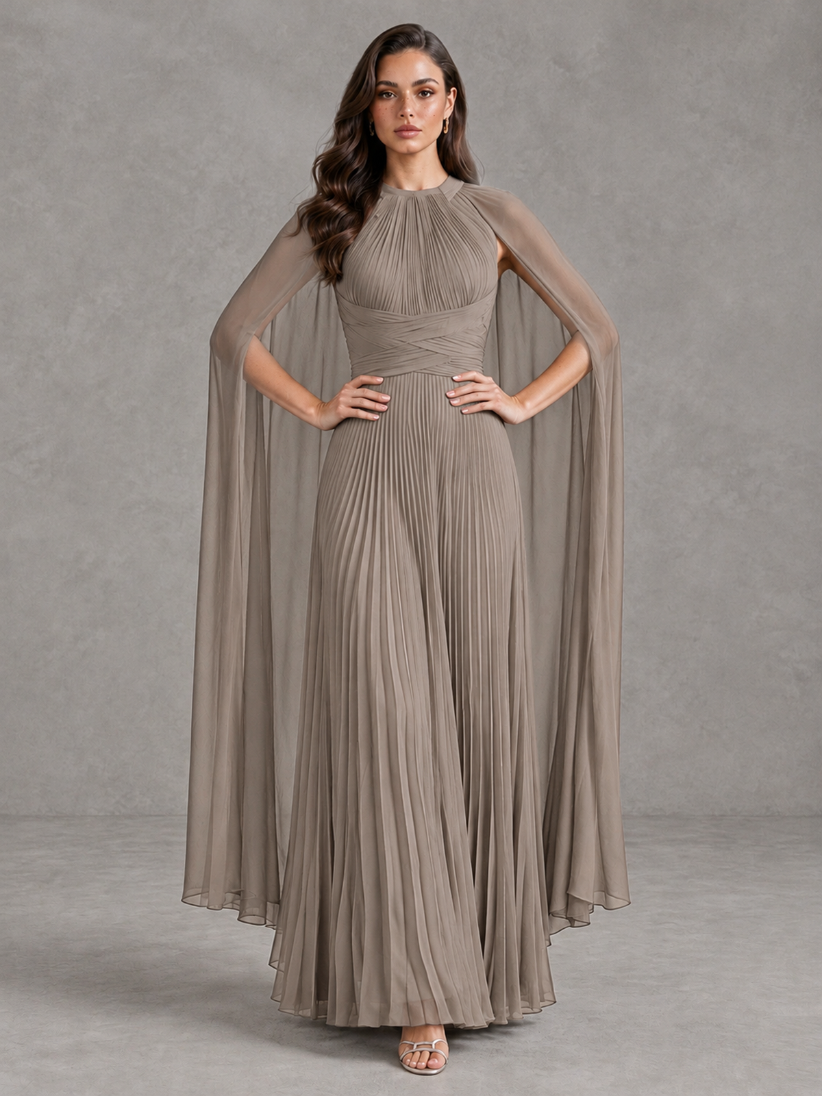 BOLODOO Taupe Pleated Cape Maxi Wedding Guest Dress - Taupe - Taupe (4)