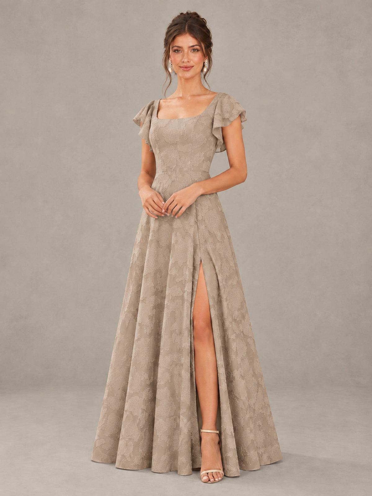 BOLODOO Taupe Floral Flutter Sleeve Bridesmaid Dress with Slit - Taupe - Taupe (4)