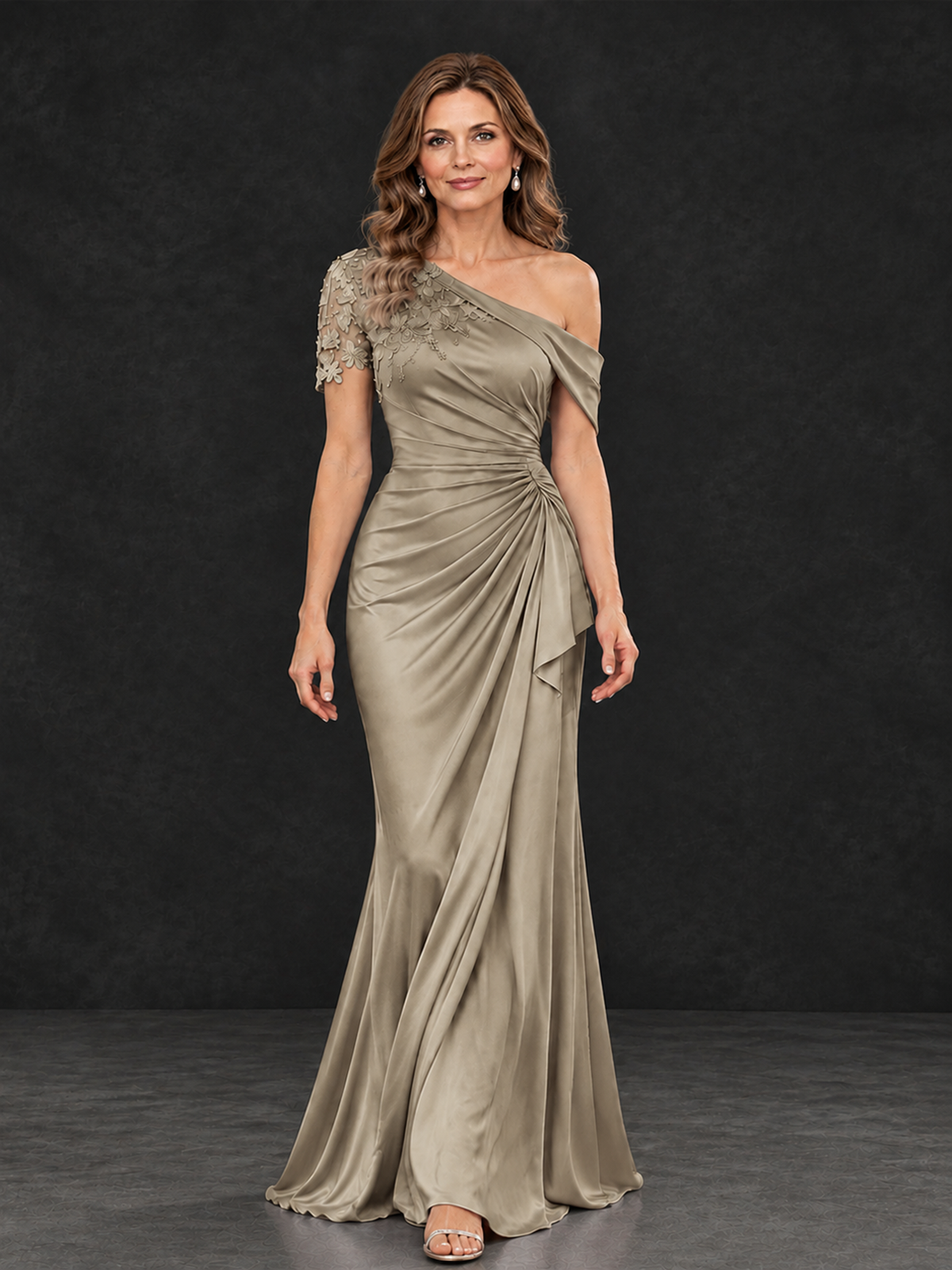 BOLODOO Taupe Asymmetric Satin Mother of the Bride Dress with Lace Sleeve - Taupe - Taupe (4)