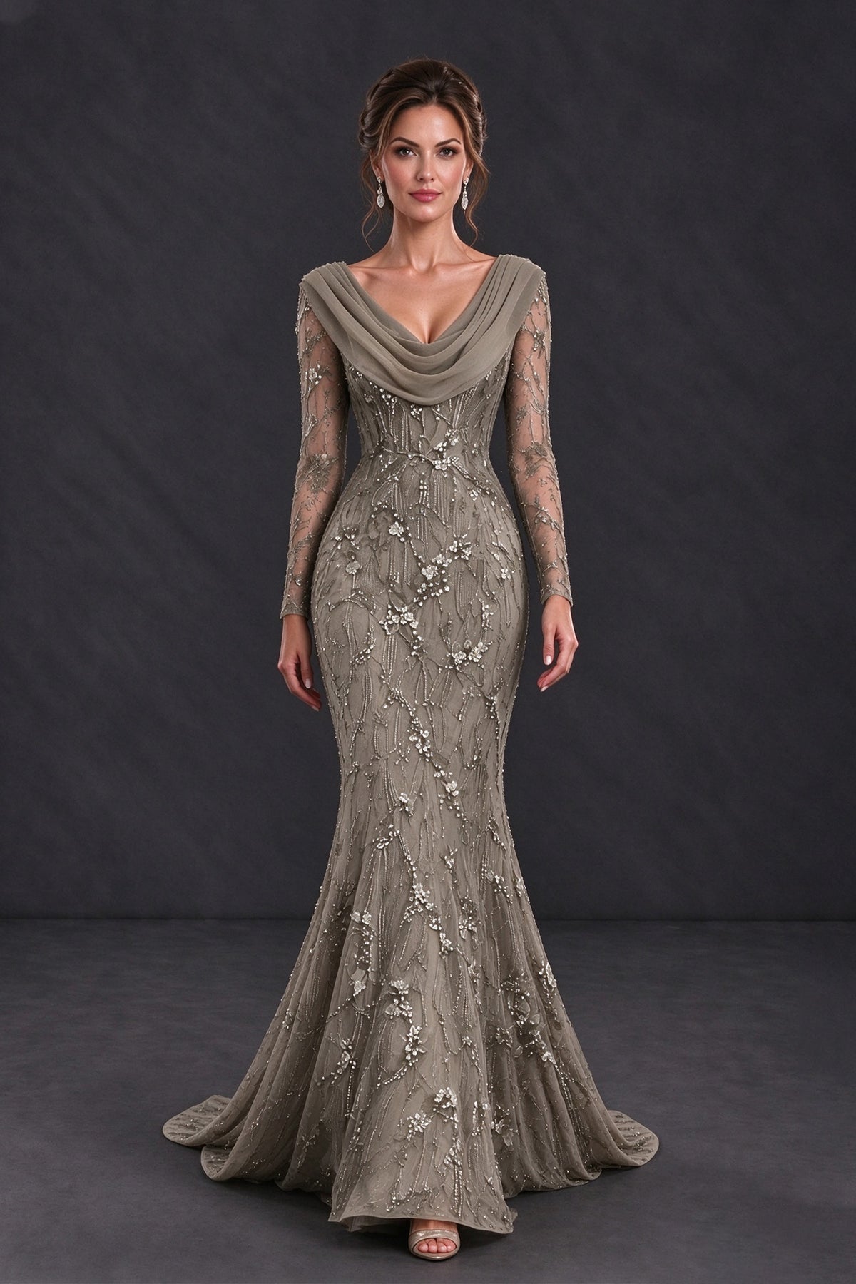 BOLODOO Taupe Long Sleeve Embellished Mother of the Bride Dress with Cowl Neck - Taupe - Taupe (4)