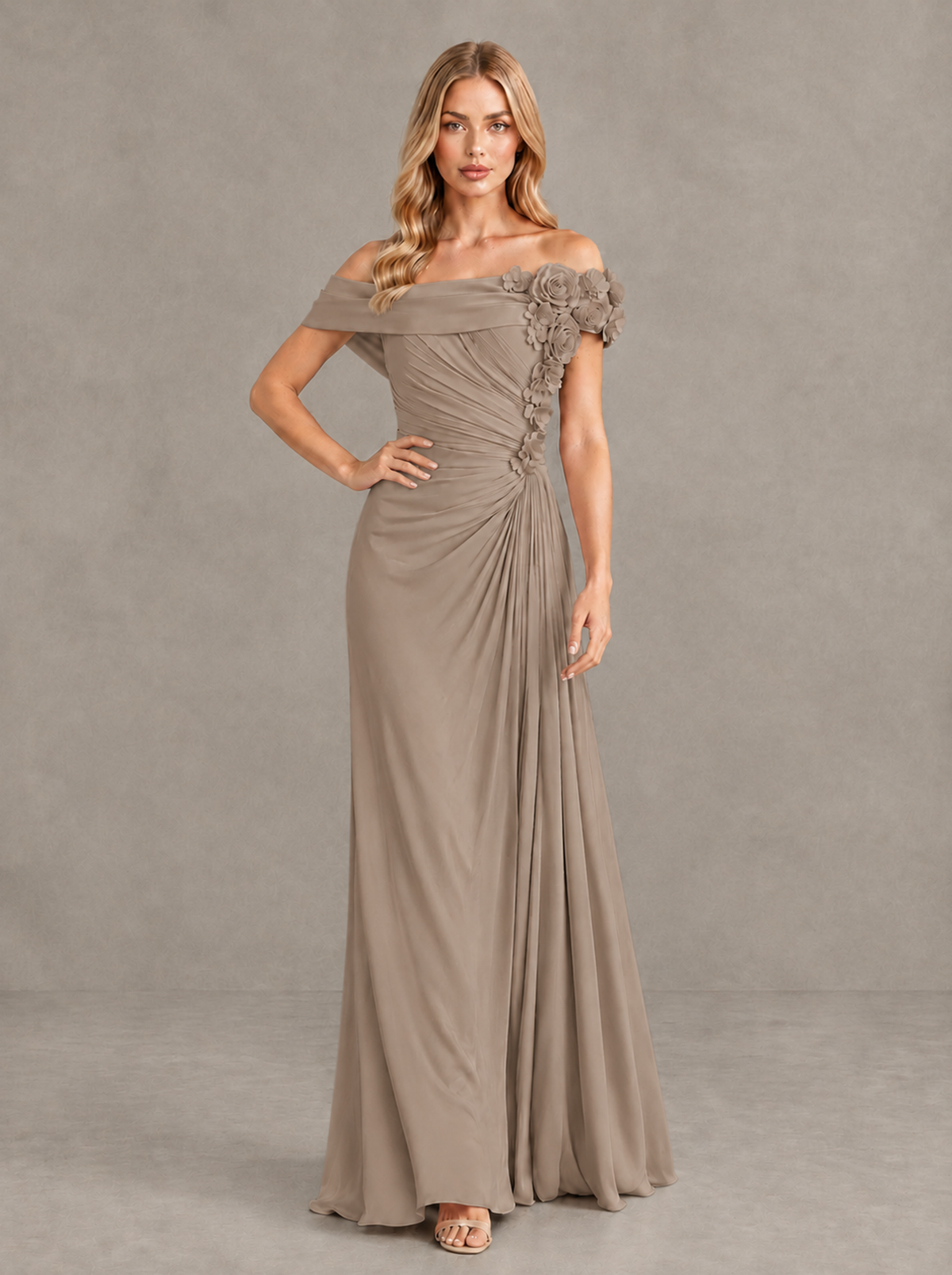 BOLODOO Taupe Off-Shoulder Floral Applique Wedding Guest Maxi Dress - Taupe - Taupe (4)