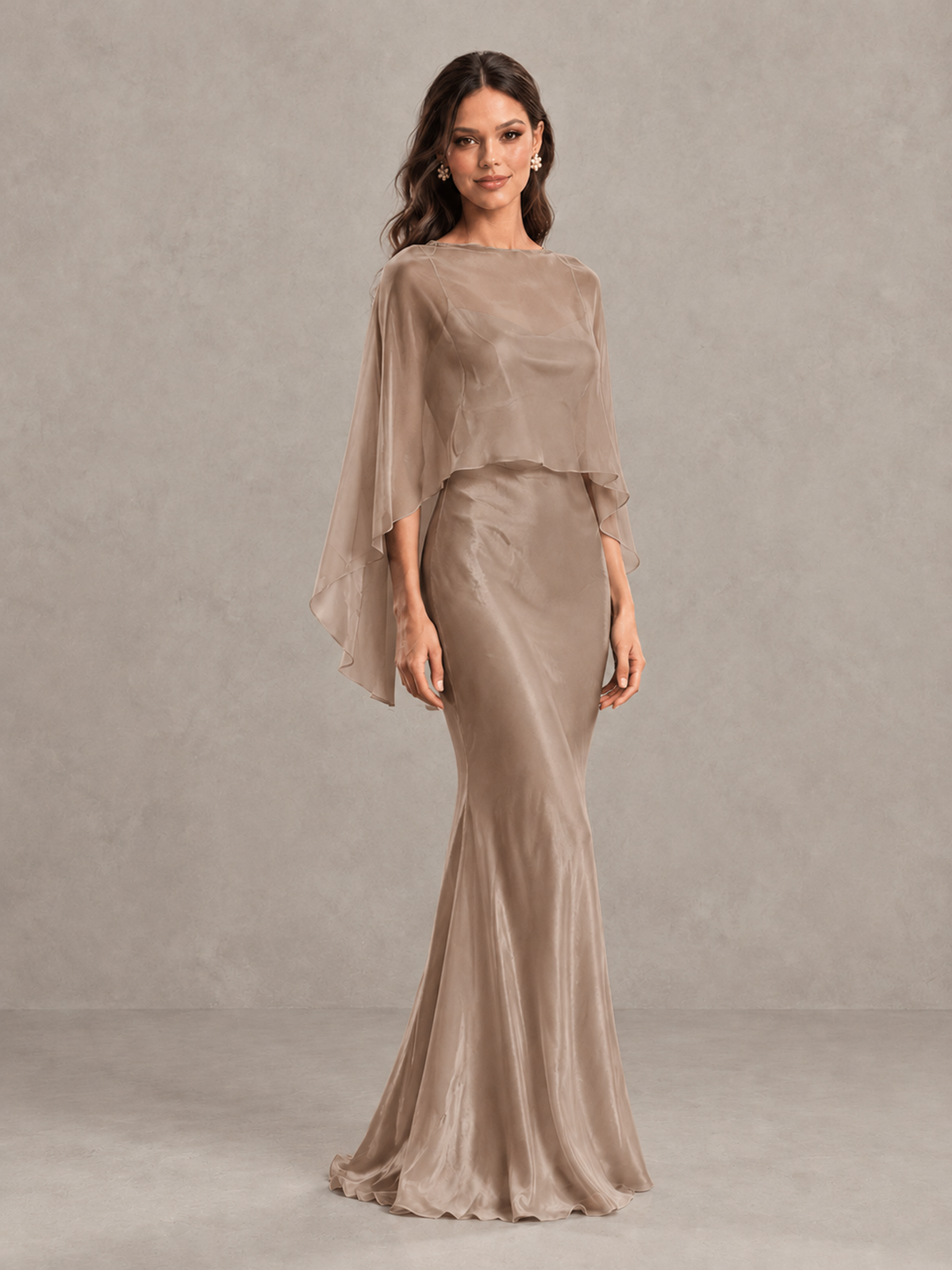 BOLODOO Taupe Satin Mermaid Bridesmaid Dress with Chiffon Cape - Taupe - Taupe (4)