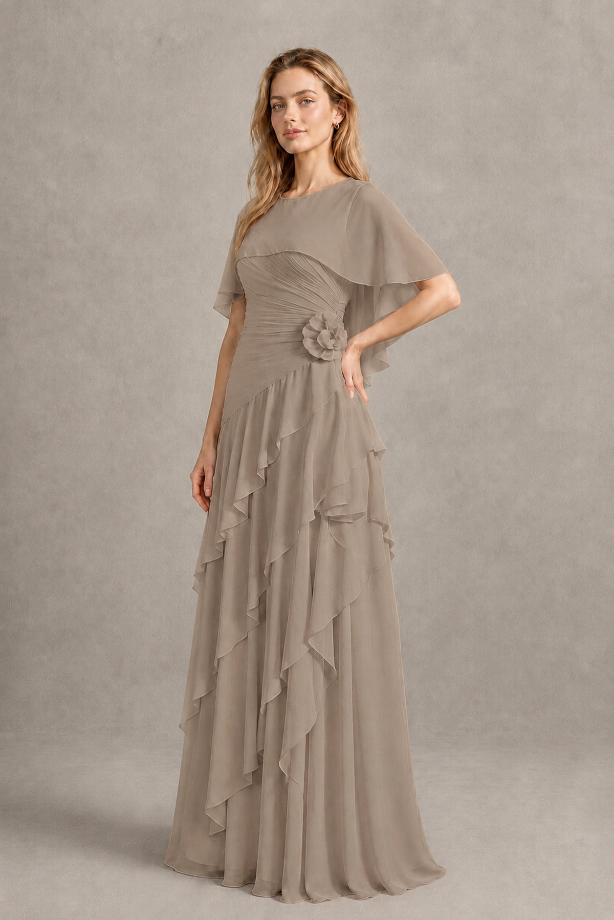 BOLODOO Taupe Chiffon Flutter Sleeve Tiered Maxi Dress with 3D Rosette - Taupe
