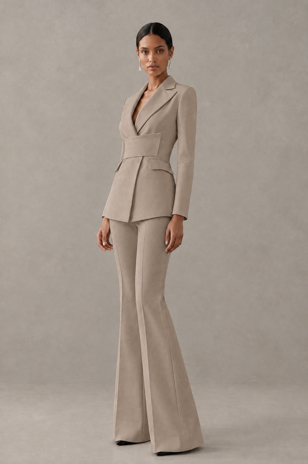 BOLODOO Taupe Two-Piece Pantsuit with Tailored Blazer & Flared Pants - Taupe - Taupe (4)