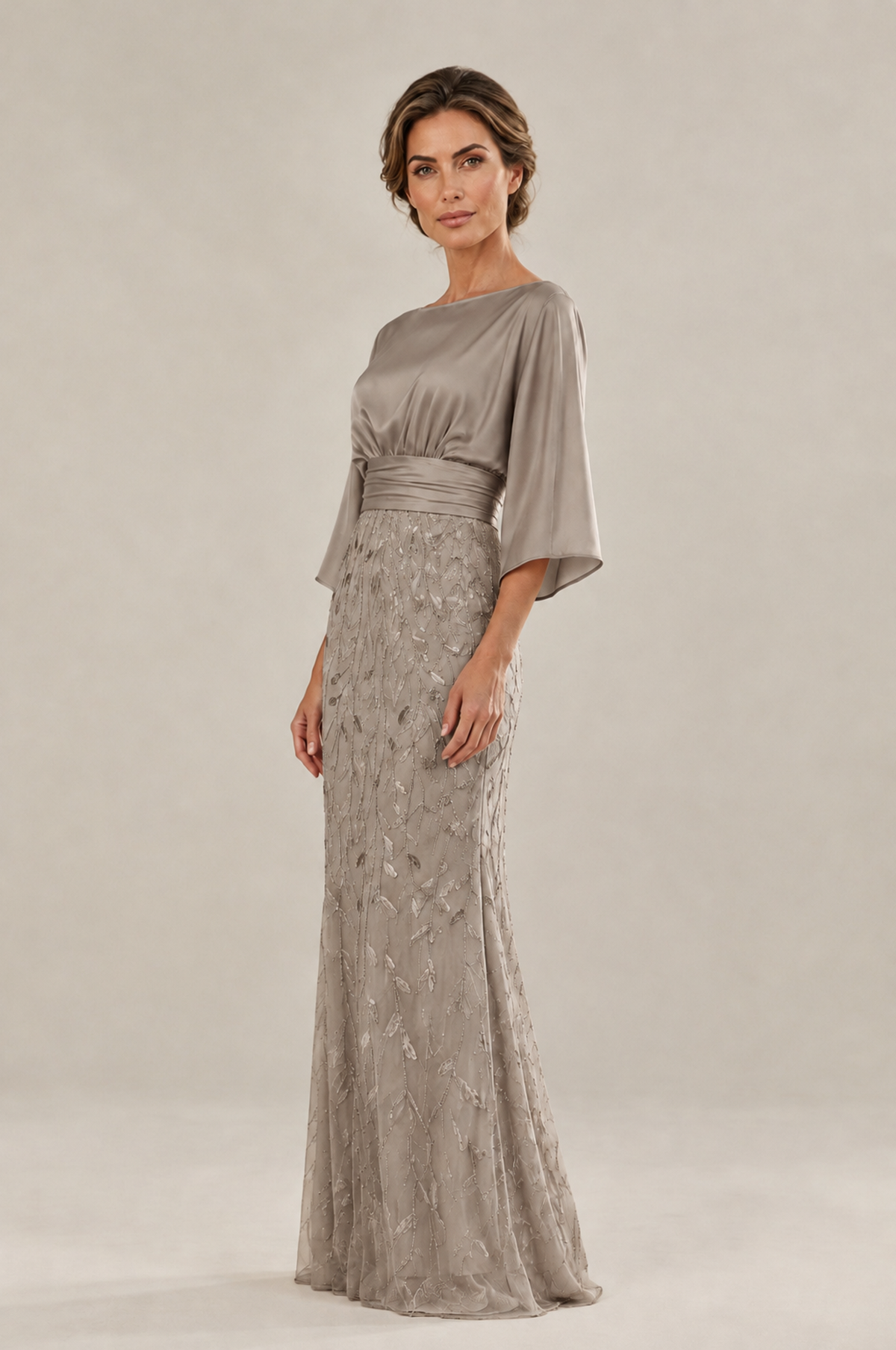 BOLODOO Taupe Mother of the Bride Dress with Kimono Sleeves, Satin Bodice & Sequin Embroidered Mermaid Floor-Length Gown - Taupe - Taupe (4)