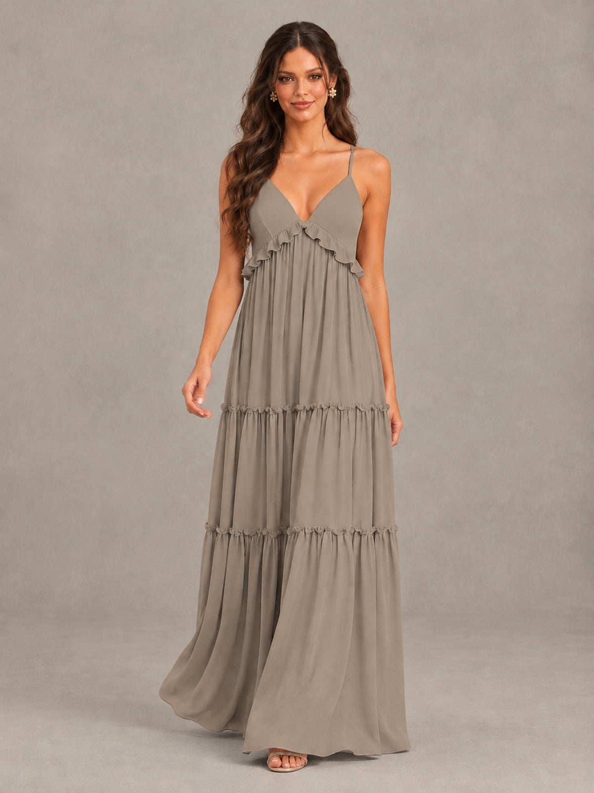 BOLODOO Taupe Tiered V-Neck Lace-Up Back Bridesmaid Dress - Taupe - Taupe (4)