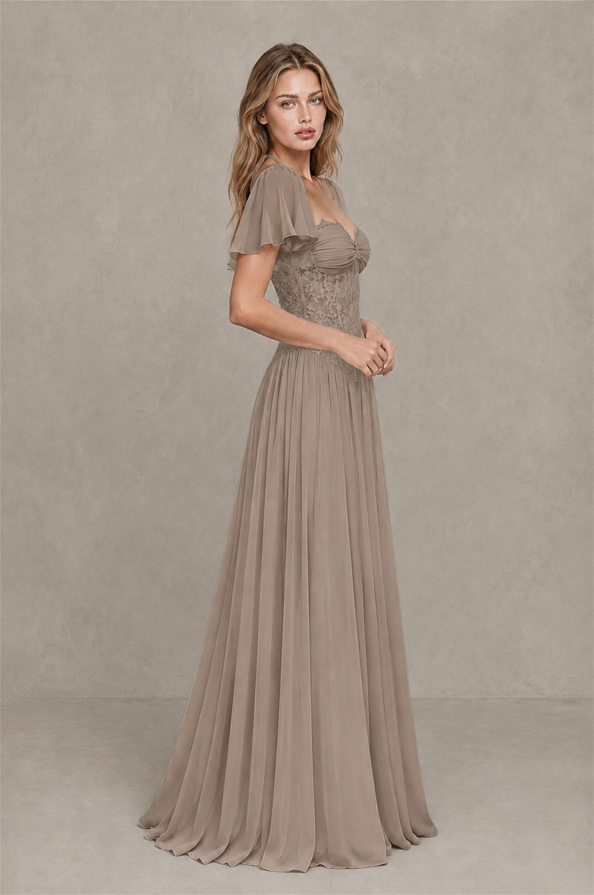 BOLODOO Taupe Flutter Sleeve Lace Corset A-Line Maxi Dress - Taupe - Taupe (4)