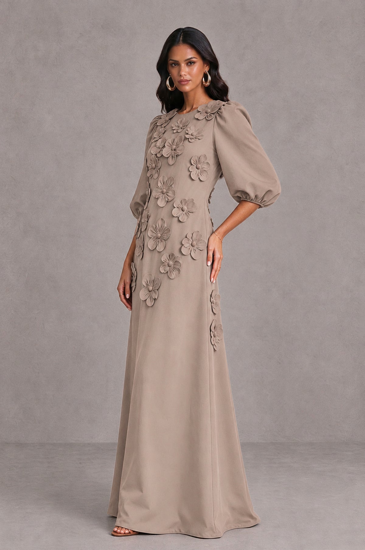 BOLODOO Taupe Floral Applique Puff Sleeve A-Line Evening Dress - Taupe - Taupe (4)