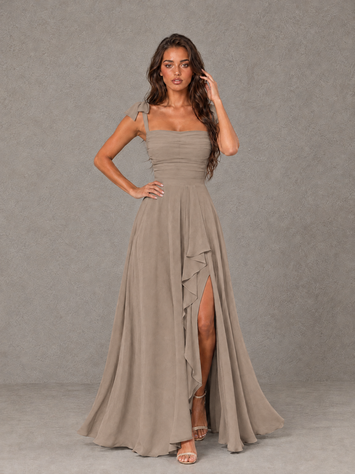 BOLODOO Taupe Bow-Strap Bridesmaid Dress with Ruffle Slit - Taupe - Taupe (4)