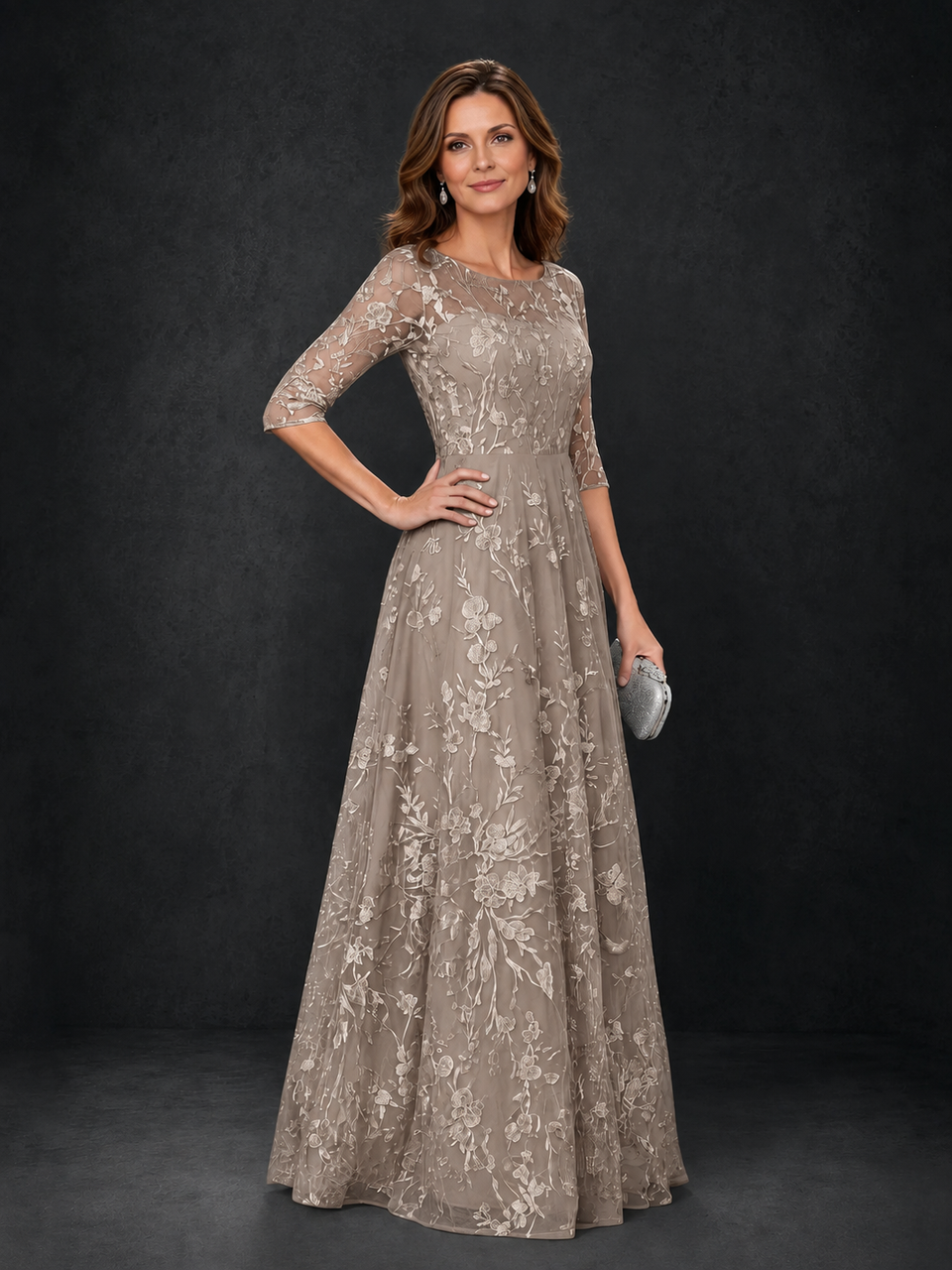 BOLODOO Taupe Illusion Bateau Neck 3/4 Sleeve Floral Lace A-Line Mother of the Bride Dress MX007 - Taupe