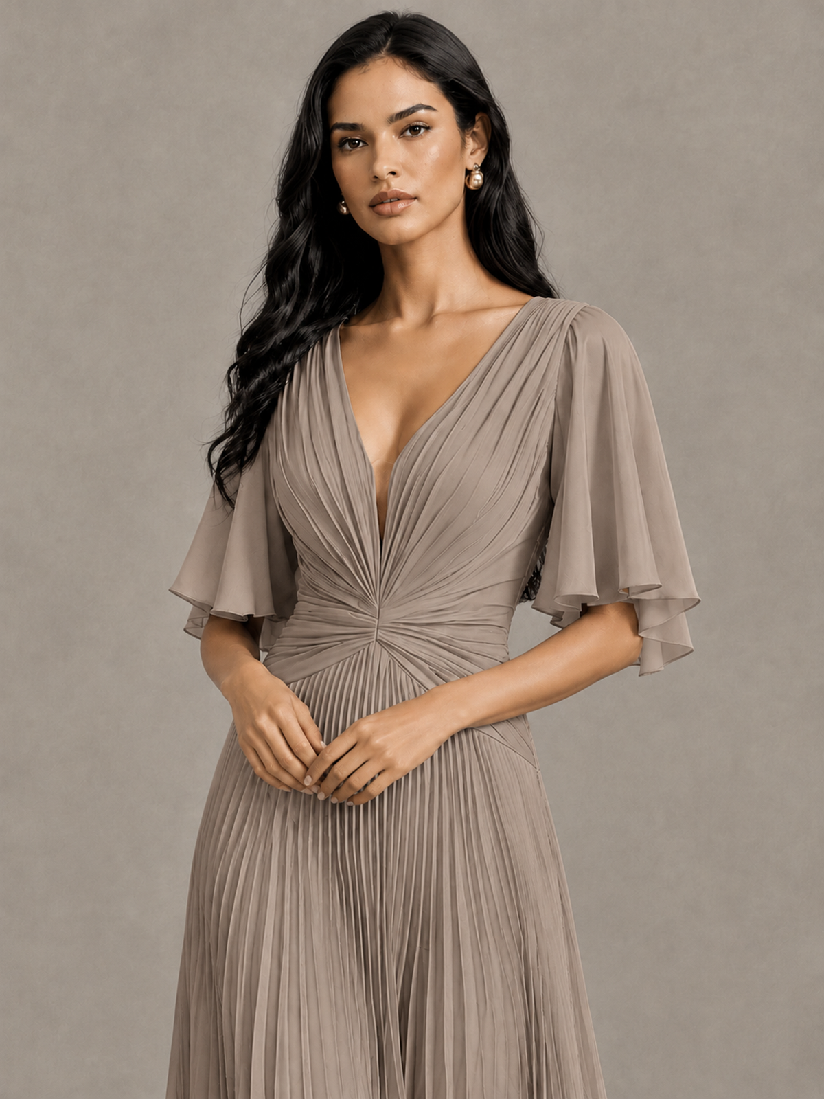 BOLODOO Taupe Pleated V-Neck Flutter Sleeve Bridesmaid Dress - Taupe - Taupe (4)