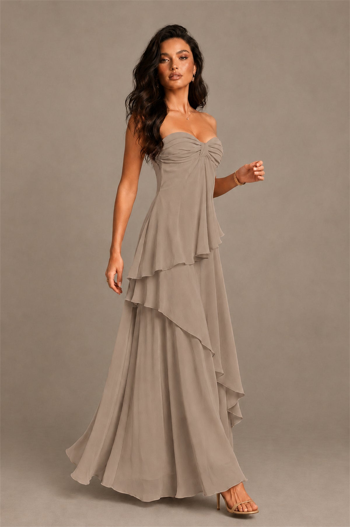 BOLODOO Taupe Strapless Sweetheart Knotted Chiffon Tiered Maxi Dress with Lace-Up Back - Taupe
