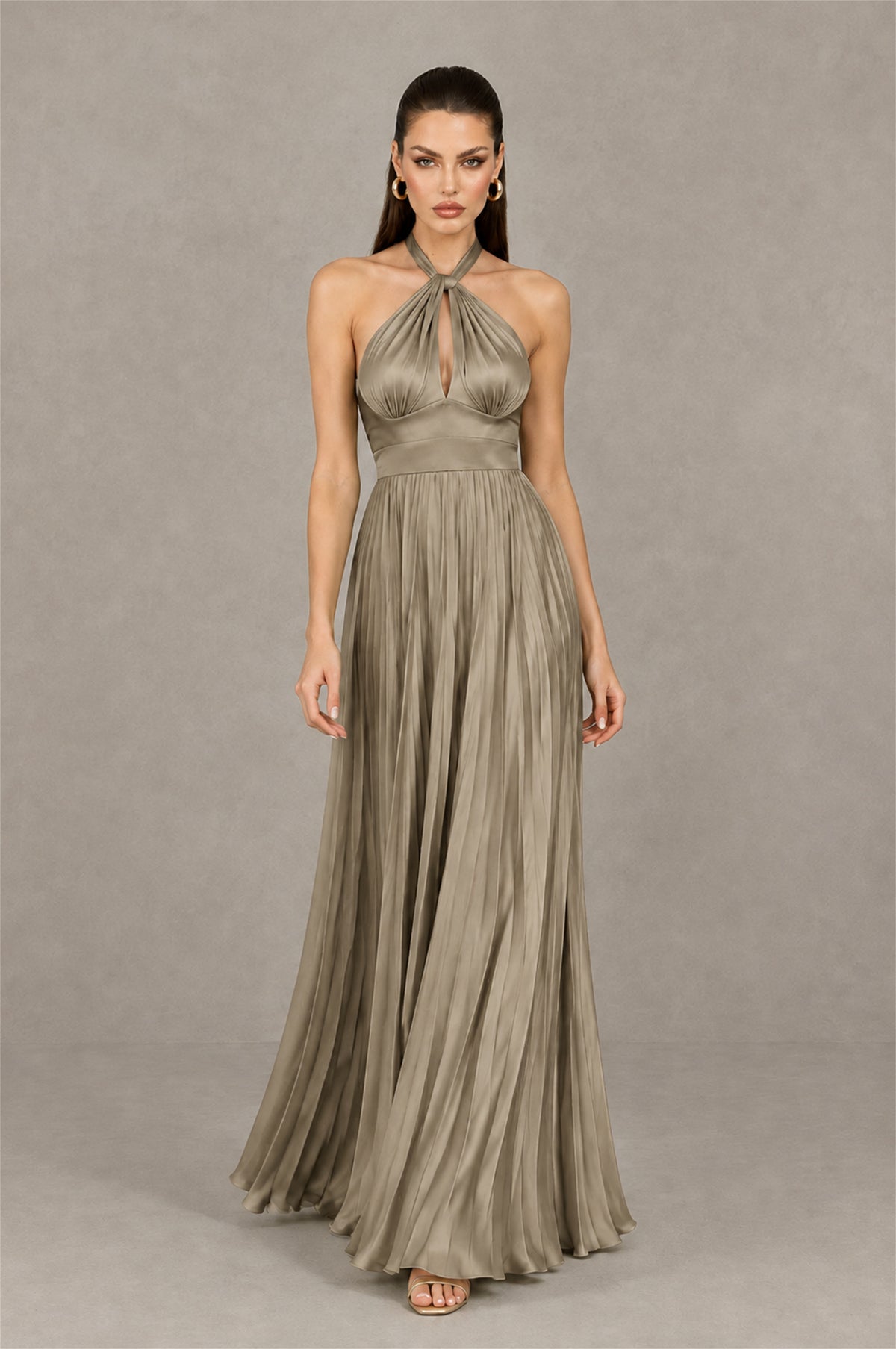 BOLODOO Taupe Halter Pleated A-Line Evening Dress - Taupe - Taupe (4)