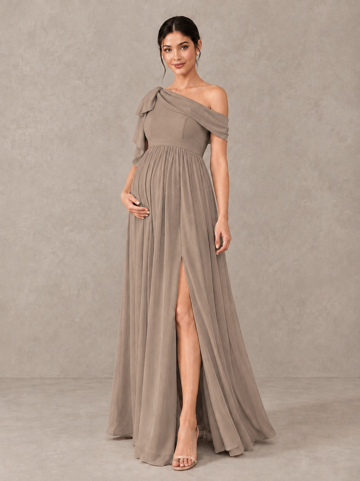 BOLODOO Taupe One-Shoulder Maternity Bridesmaid Dress with Slit - Taupe - Taupe (4)
