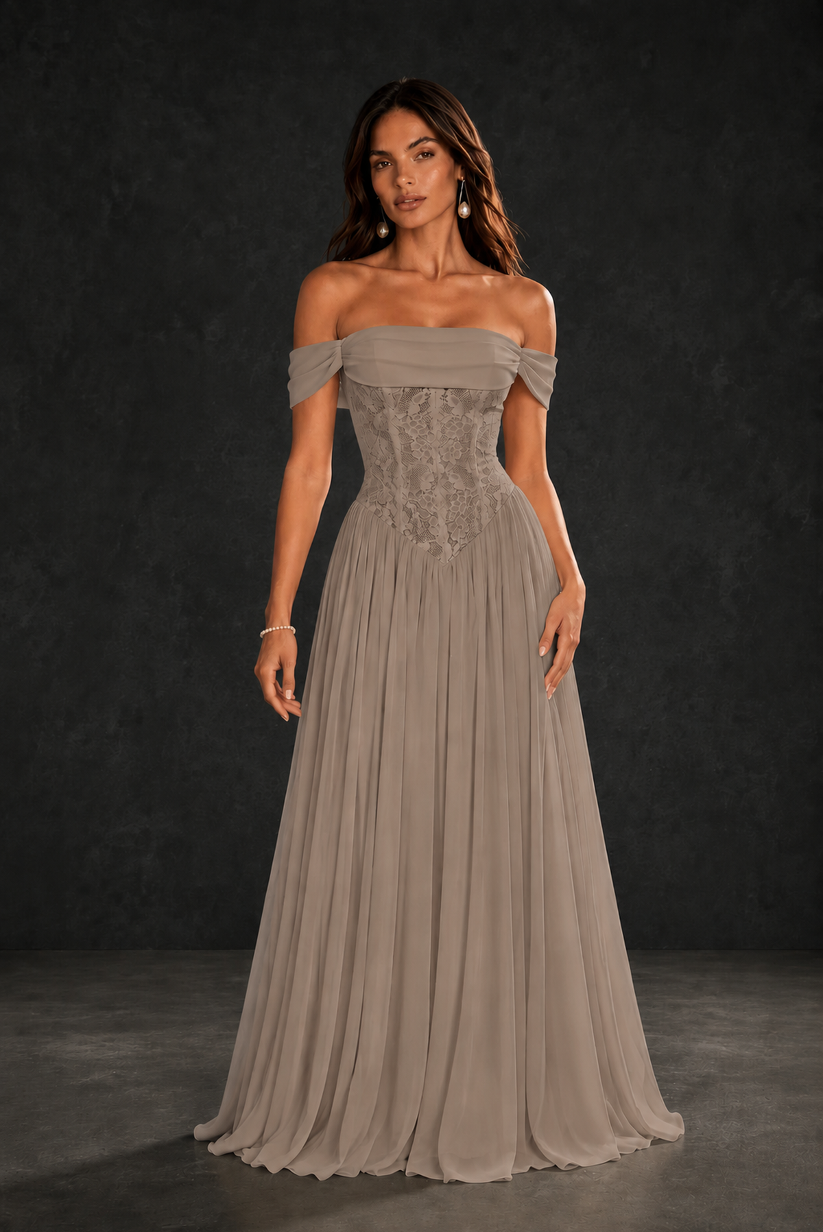 BOLODOO Taupe Off-Shoulder Lace Corset Tulle Maxi Dress - Taupe