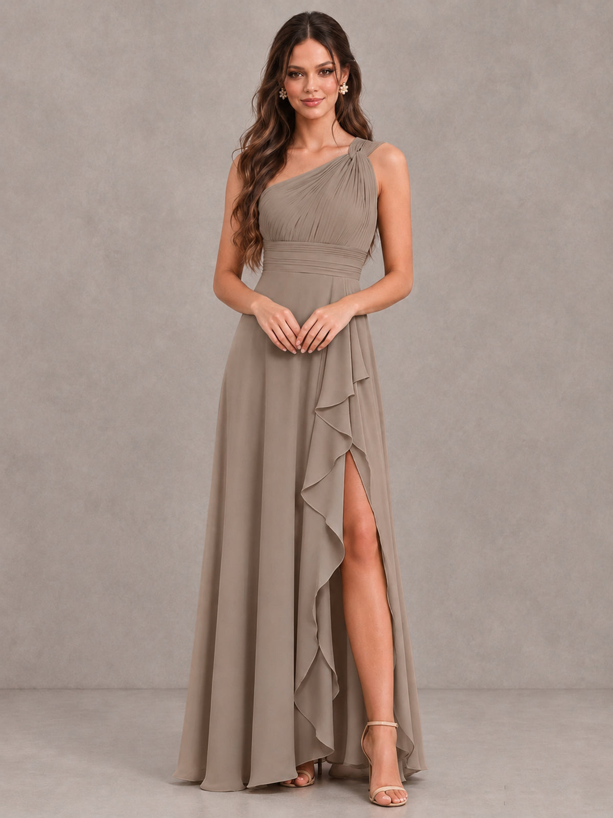 BOLODOO Taupe One-Shoulder Ruffle Bridesmaid Dress with Slit - Taupe - Taupe (4)