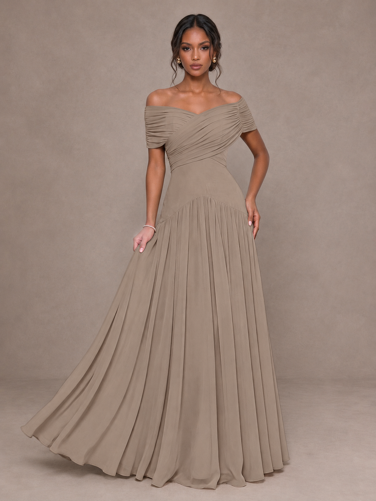 BOLODOO Taupe Off-Shoulder Ruched A-Line Bridesmaid Dress - Taupe - Taupe (4)