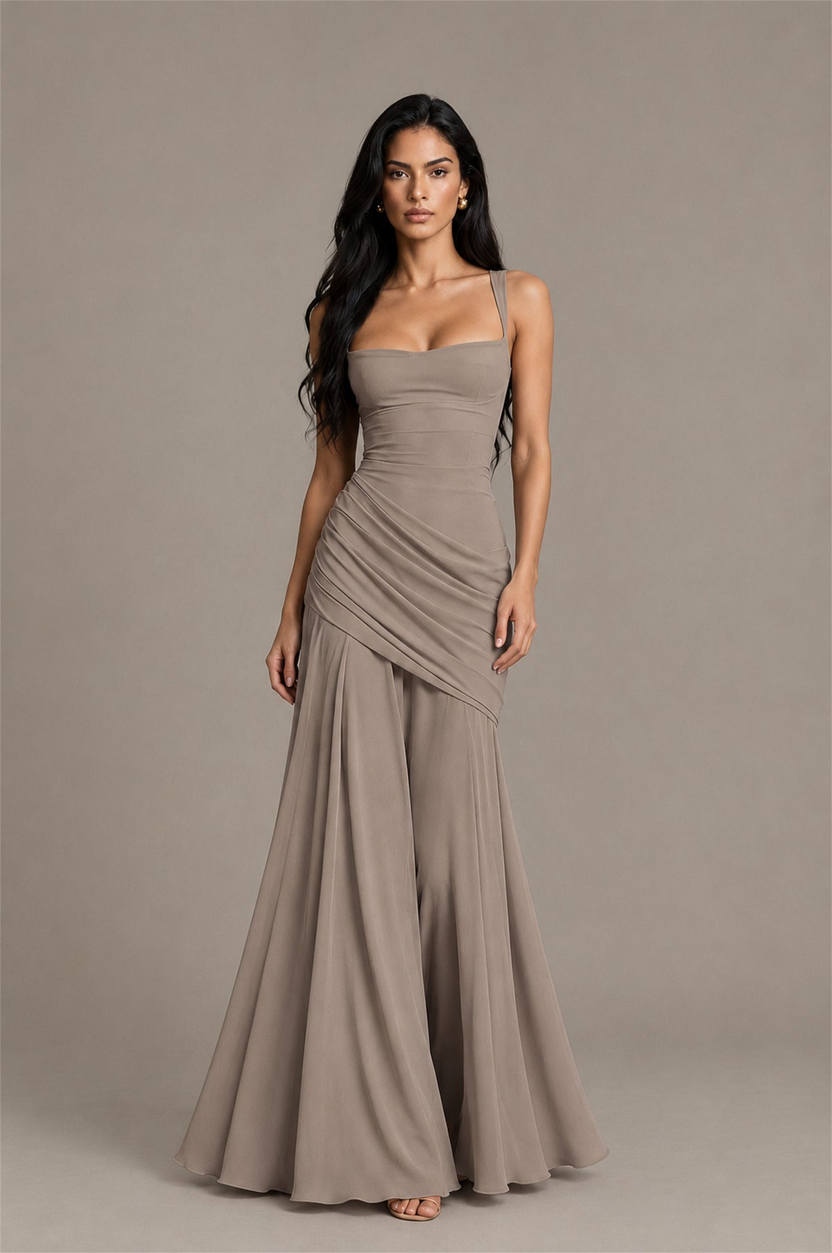 BOLODOO Square Neck Ruched A-Line Maxi Dress - Taupe Backless Evening Gown - Taupe