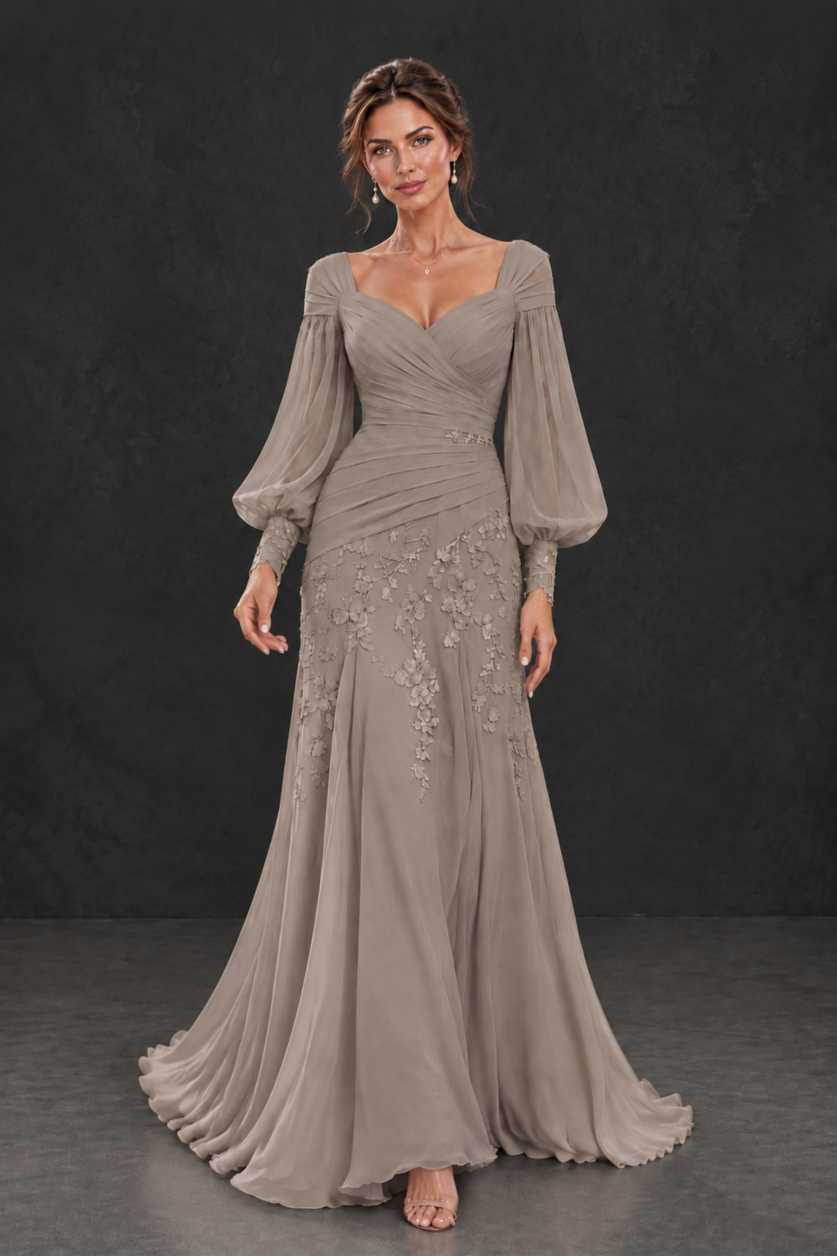 BOLODOO Taupe Long Sleeve Mother of the Bride Dress with Floral Appliqués - Taupe - Taupe (4)