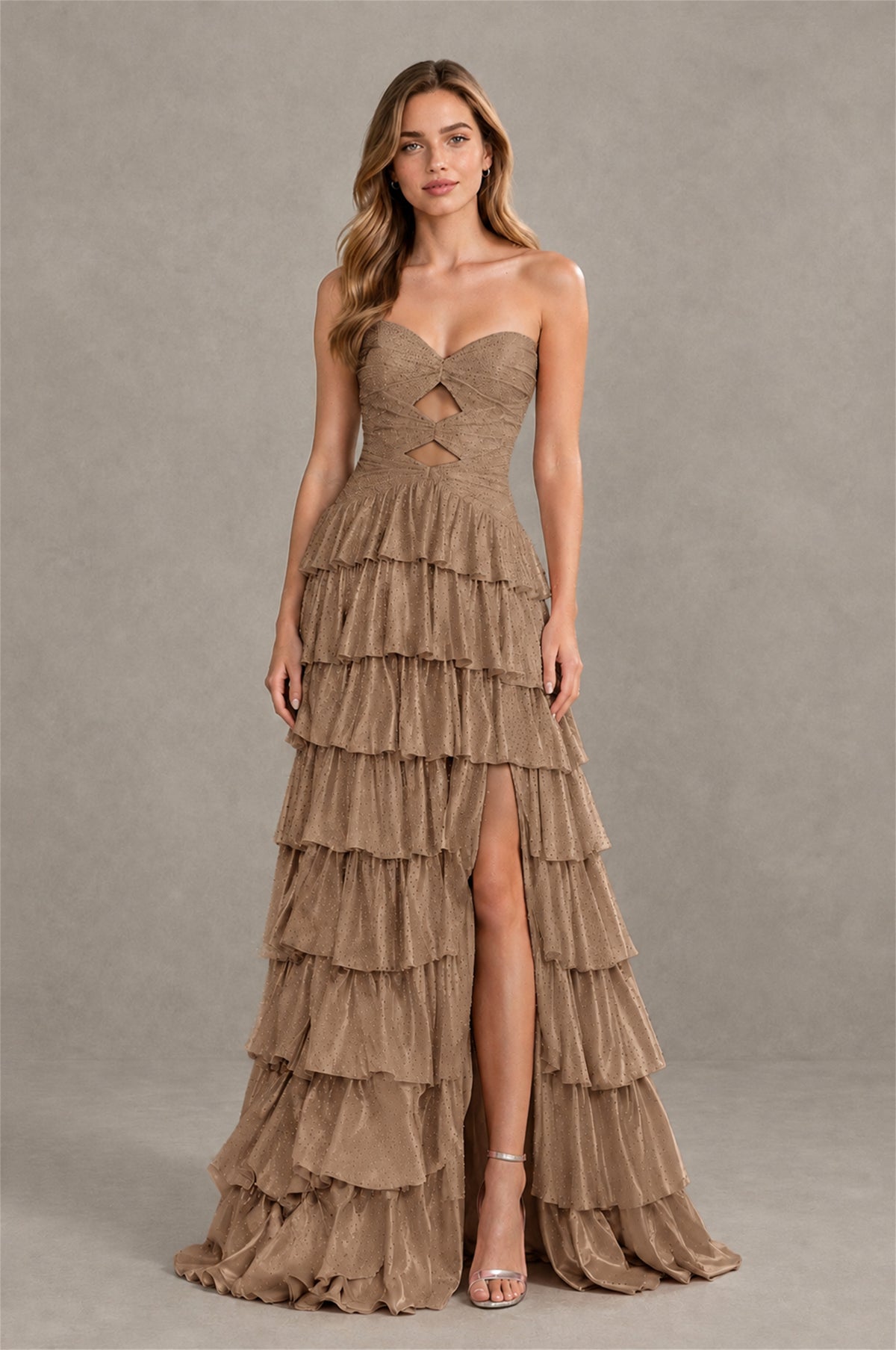 BOLODOO Taupe Strapless Cutout Tiered Ruffle Prom Dress with High Slit - Taupe - Taupe (4)