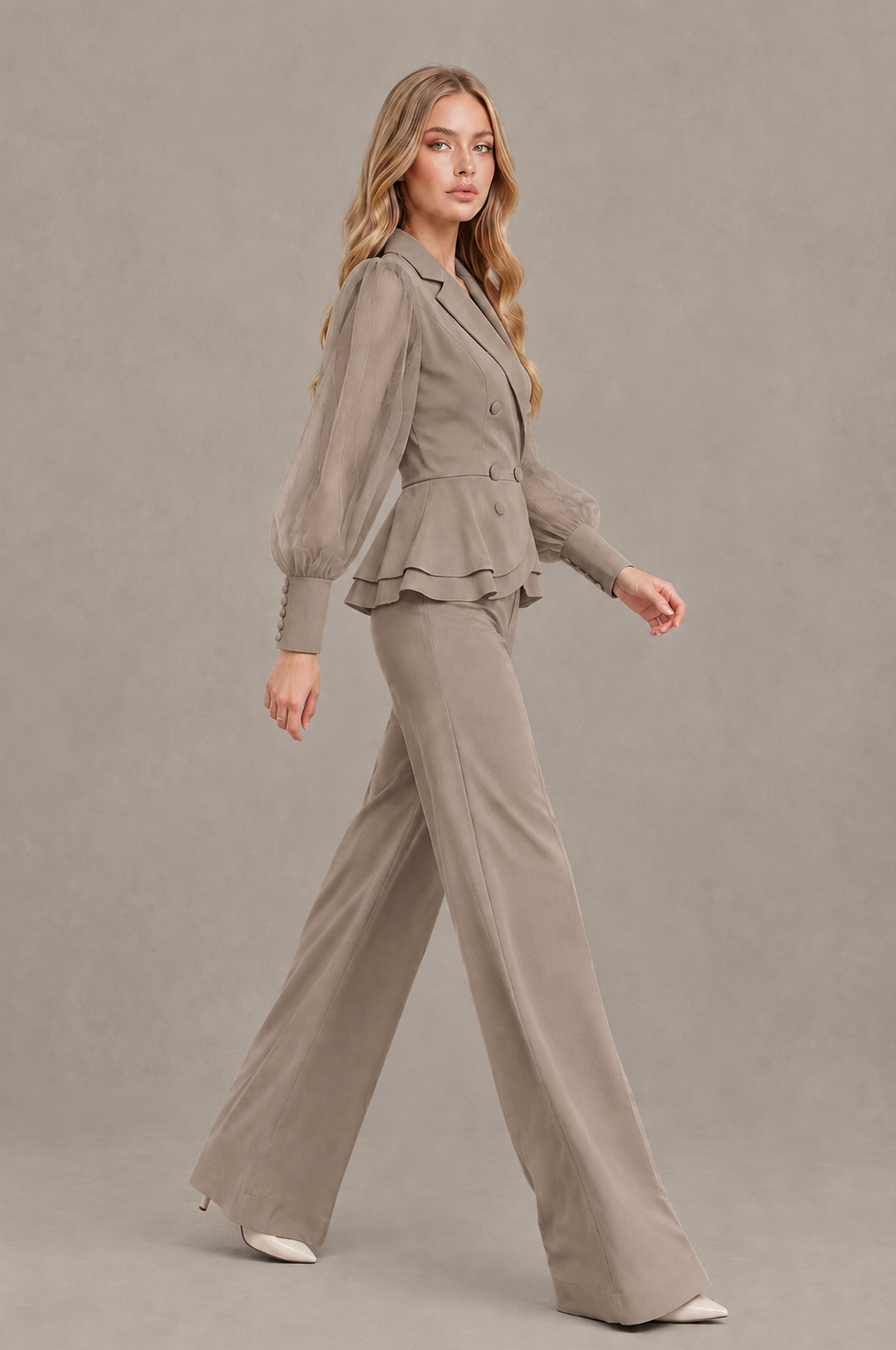 BOLODOO Mint Taupe Peplum Blazer Wide-Leg Pantsuit with Sheer Puff Sleeves - Taupe