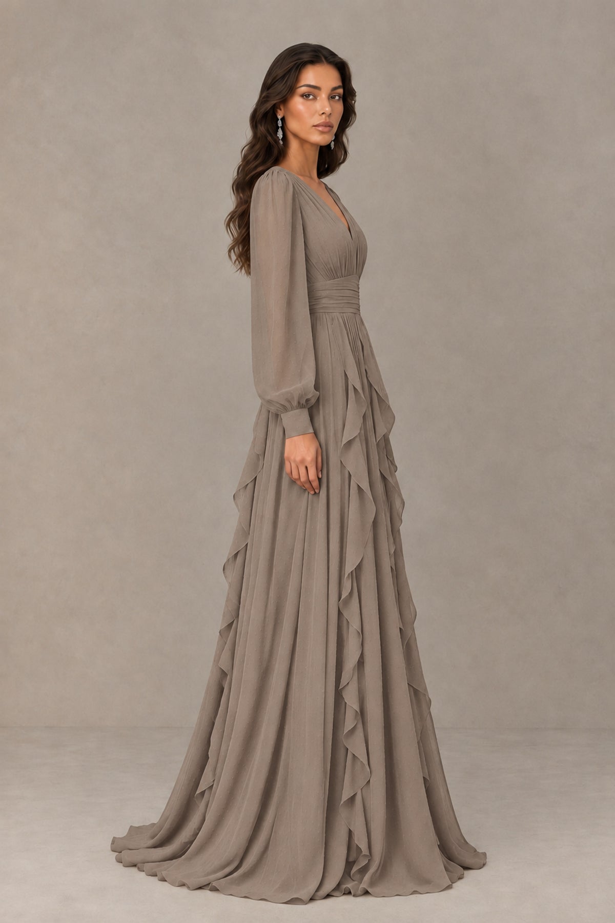 BOLODOO Taupe Long Sleeve V-Neck Ruffle Maxi Dress - Taupe - Taupe (4)